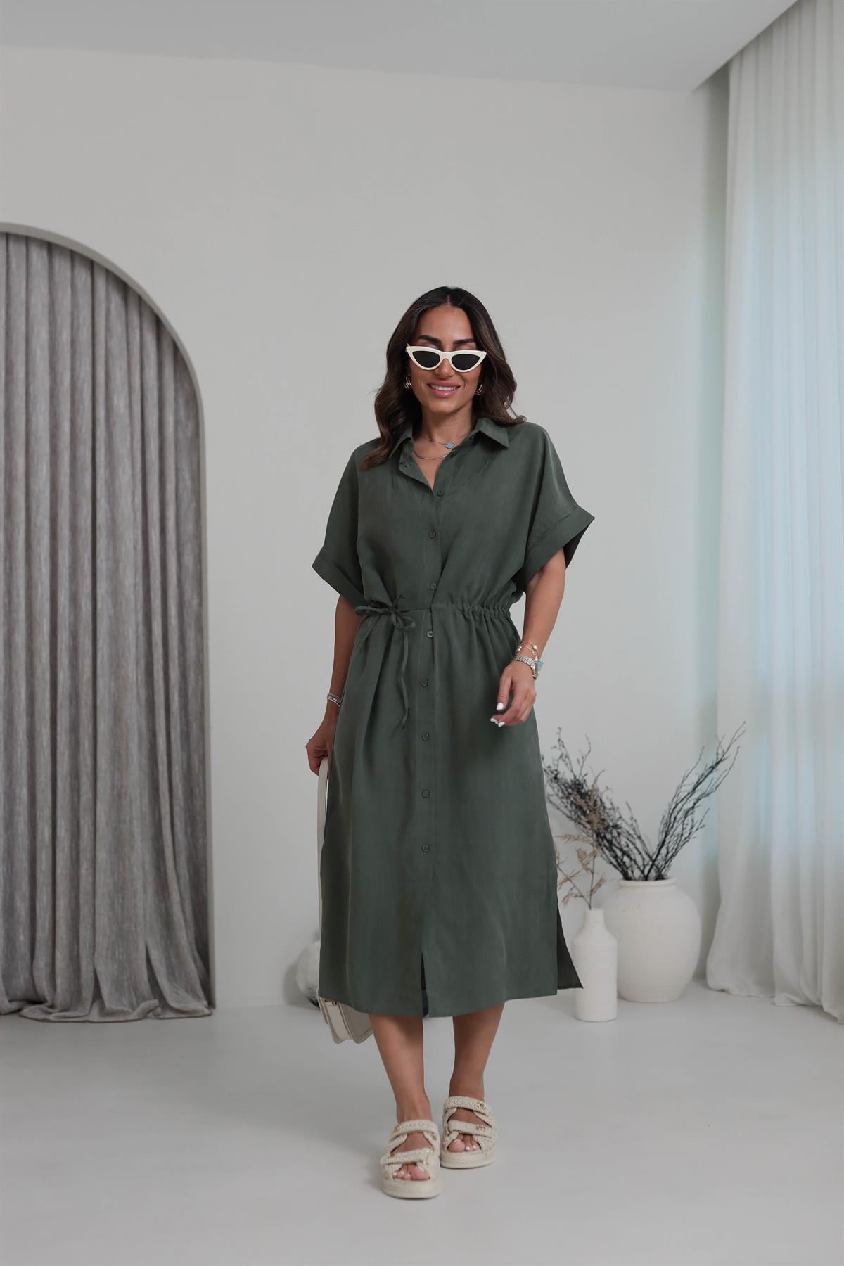 Bel Büzgülü Tencel Gömlek Elbise HAKİ YEŞİL