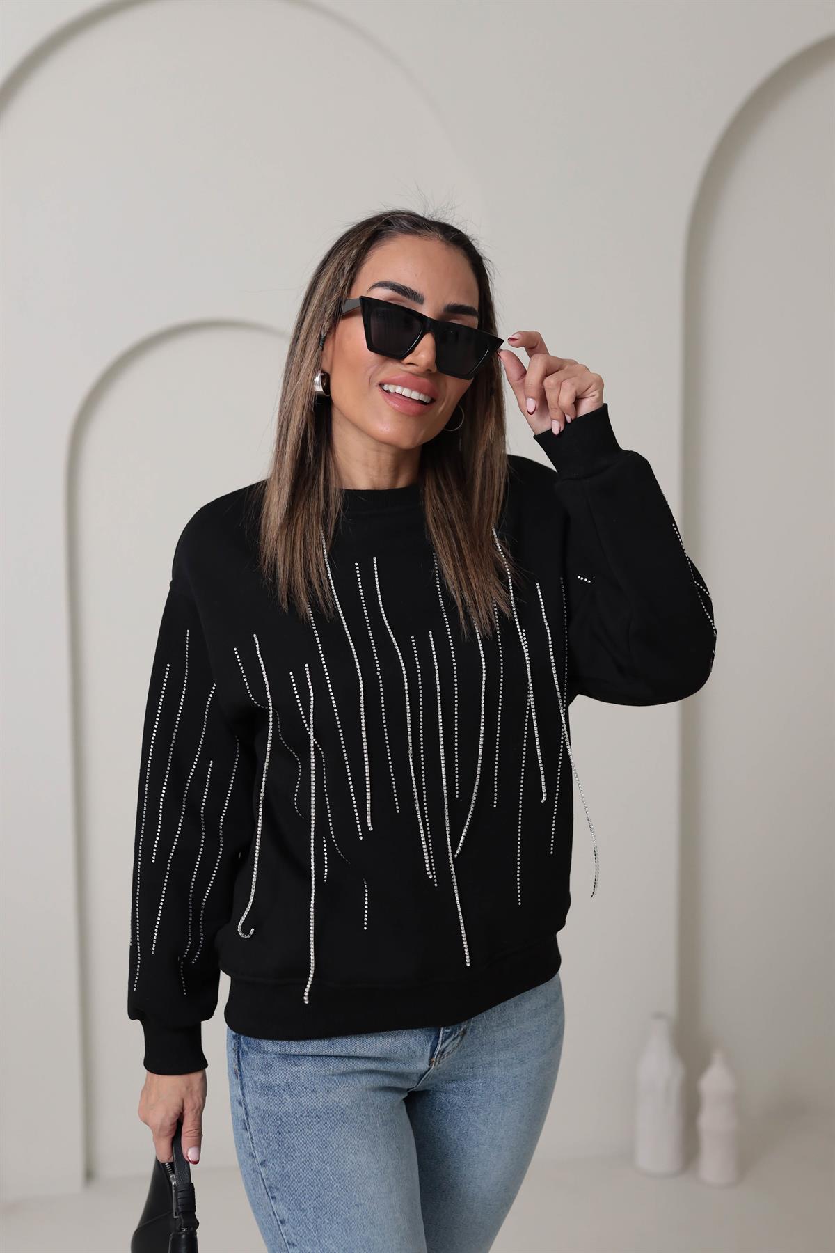 5653 Taş Zincir Detaylı Şardonlu Sweatshirt SİYAH