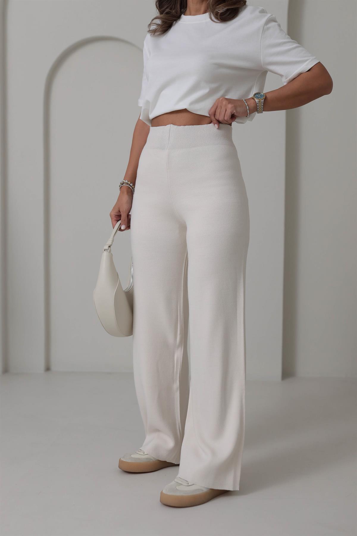 0003 Bol Kalıp Bel Lastikli Triko Pantolon EKRU