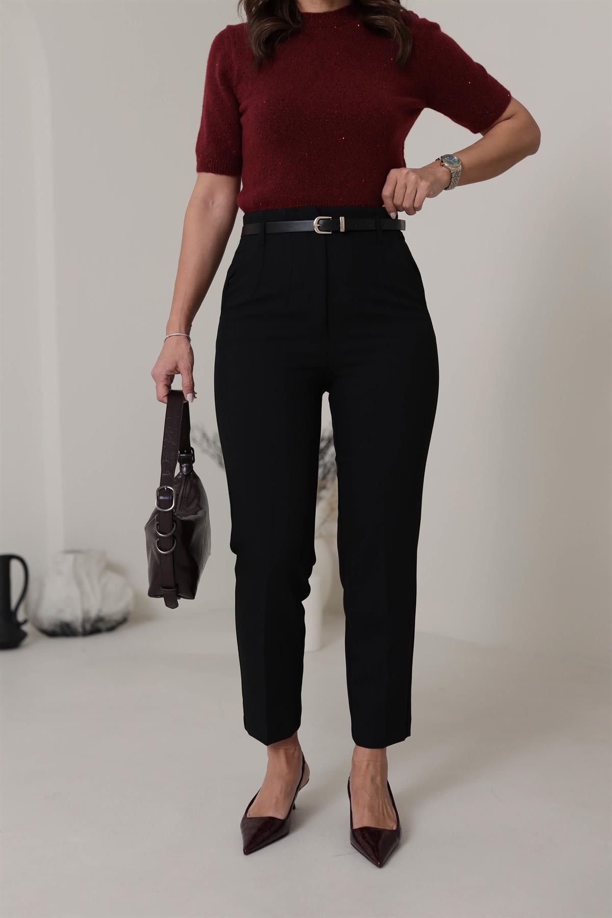 6546 Kemerli Kumaş Pantolon SİYAH