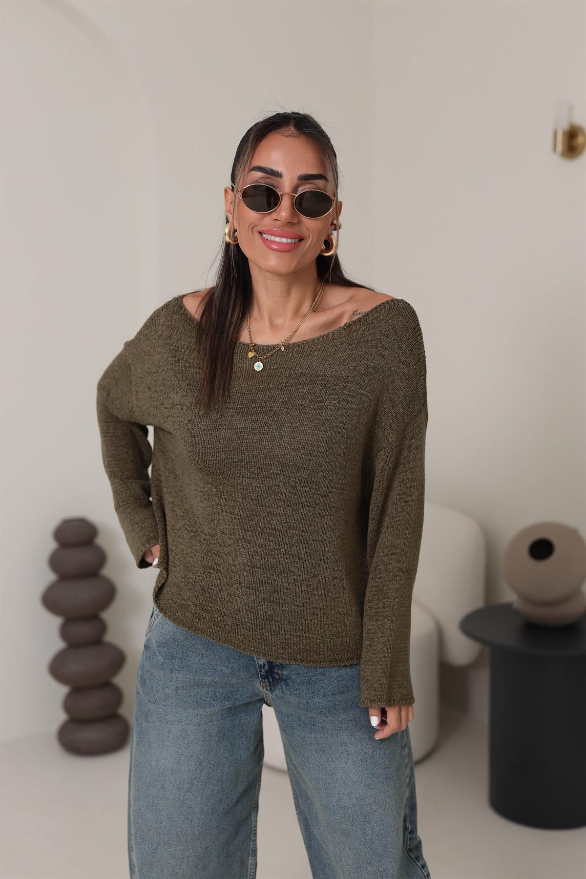 4455 Kayık Yaka Triko HAKİ YEŞİL