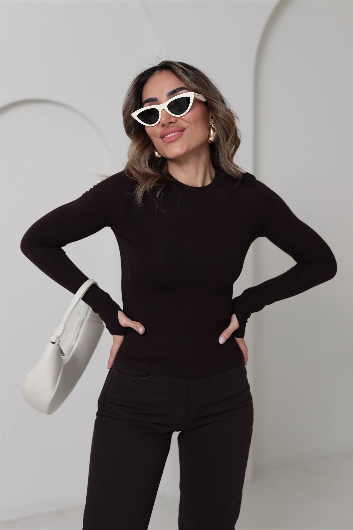 5068 Yumuşak Doku Parmak Geçmeli Bluz ACI KAHVE