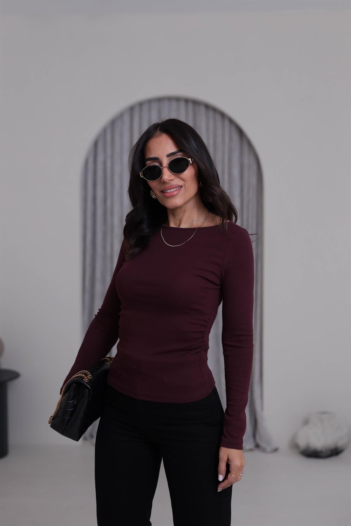 1401 Kayık Yaka Büzgülü Uzun Kollu Bluz BORDO