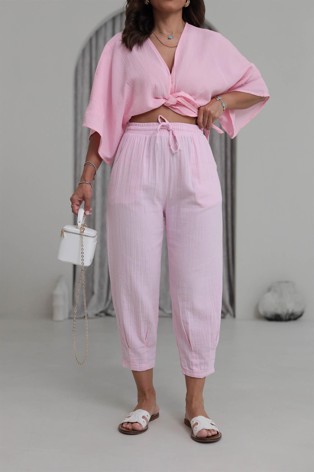 0255Y Paçası Pensli Müslin Pantolon PEMBE