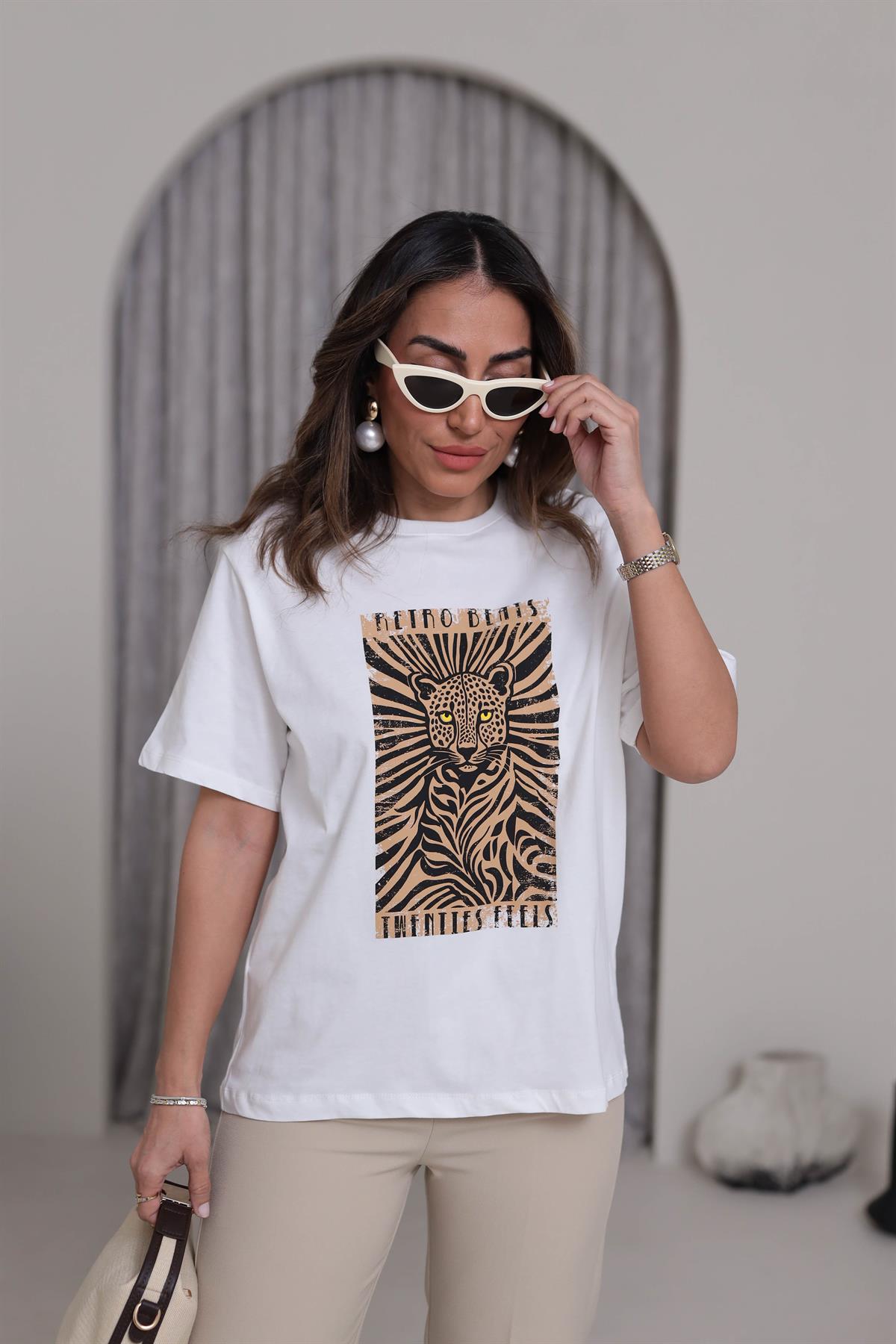 7113 Leopar Baskılı Pamuklu Tshirt EKRU
