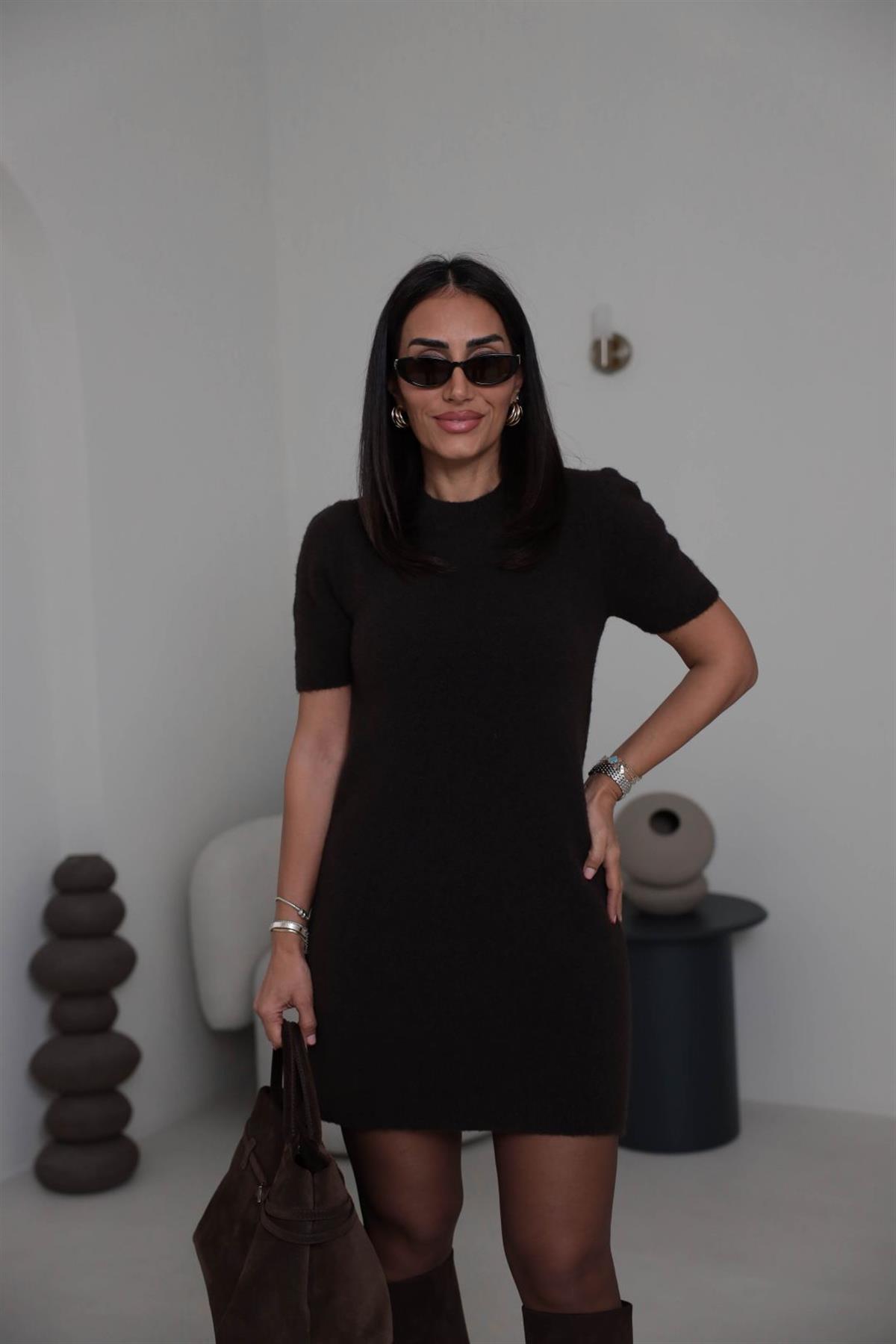 0257 Bisiklet Yaka Yumuşak Dokulu Elbise ACI KAHVE