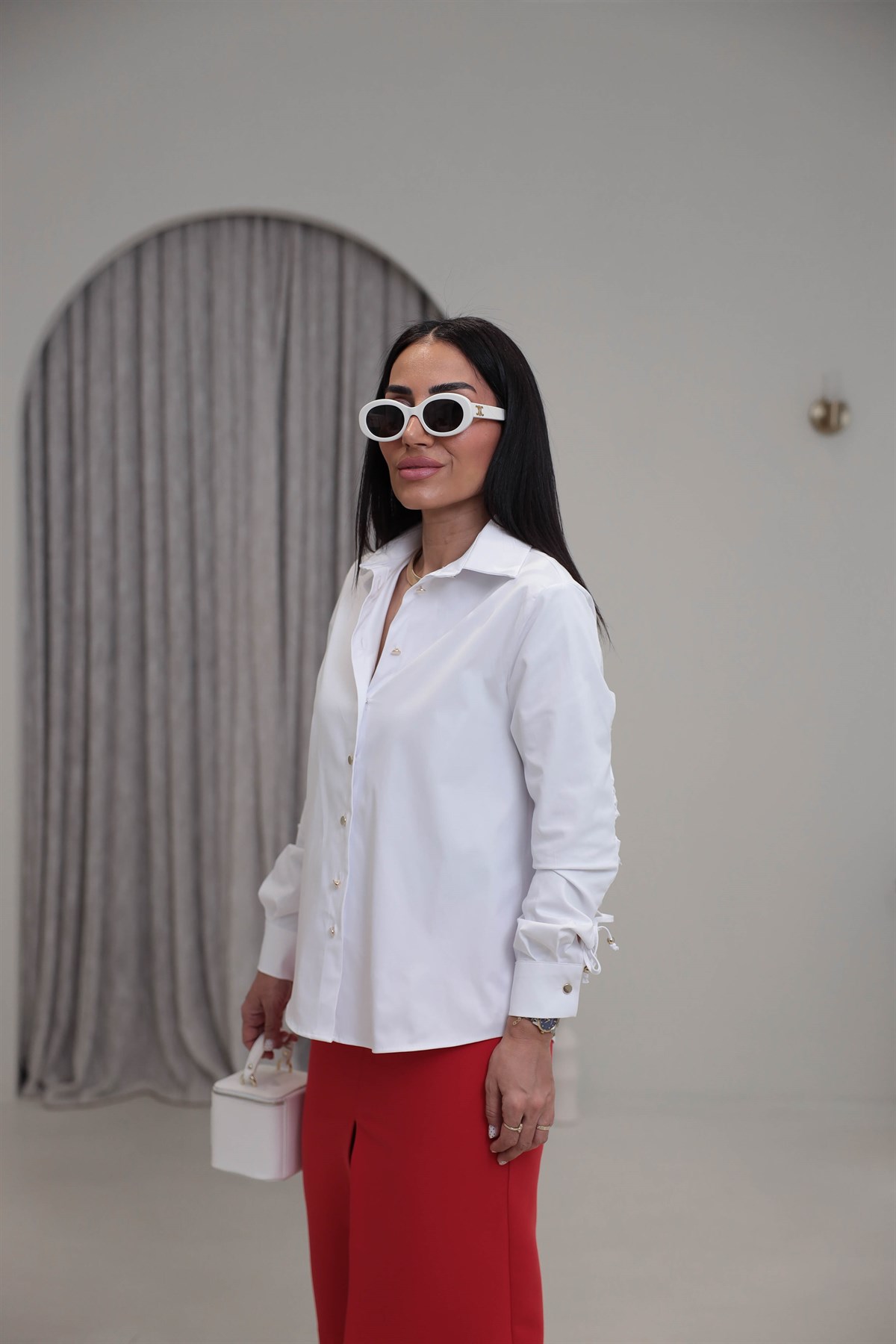 7543 Gold Düğme Detaylı Gömlek BEYAZ