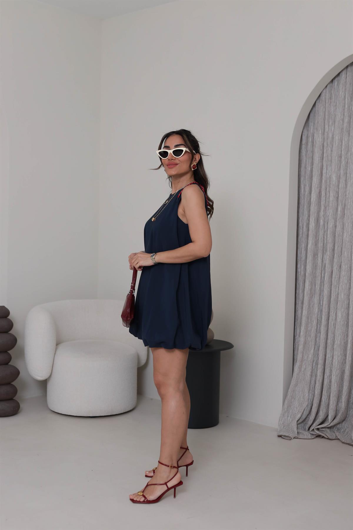 0211 Boyundan İp Bağlamalı Sıfır Kol Balon Elbise LACİVERT