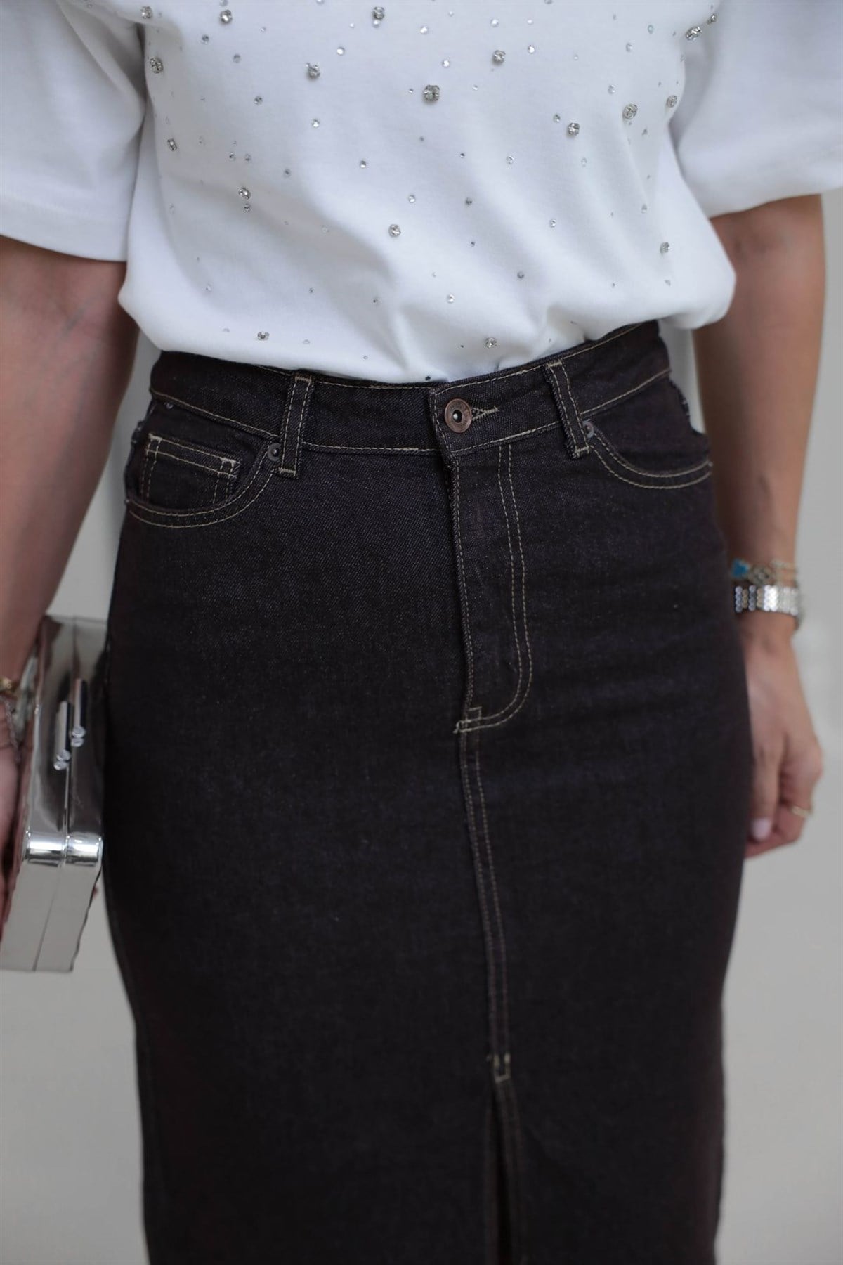 1020 Uzun Yırtmaçlı Kot Kalem Etek KAHVE