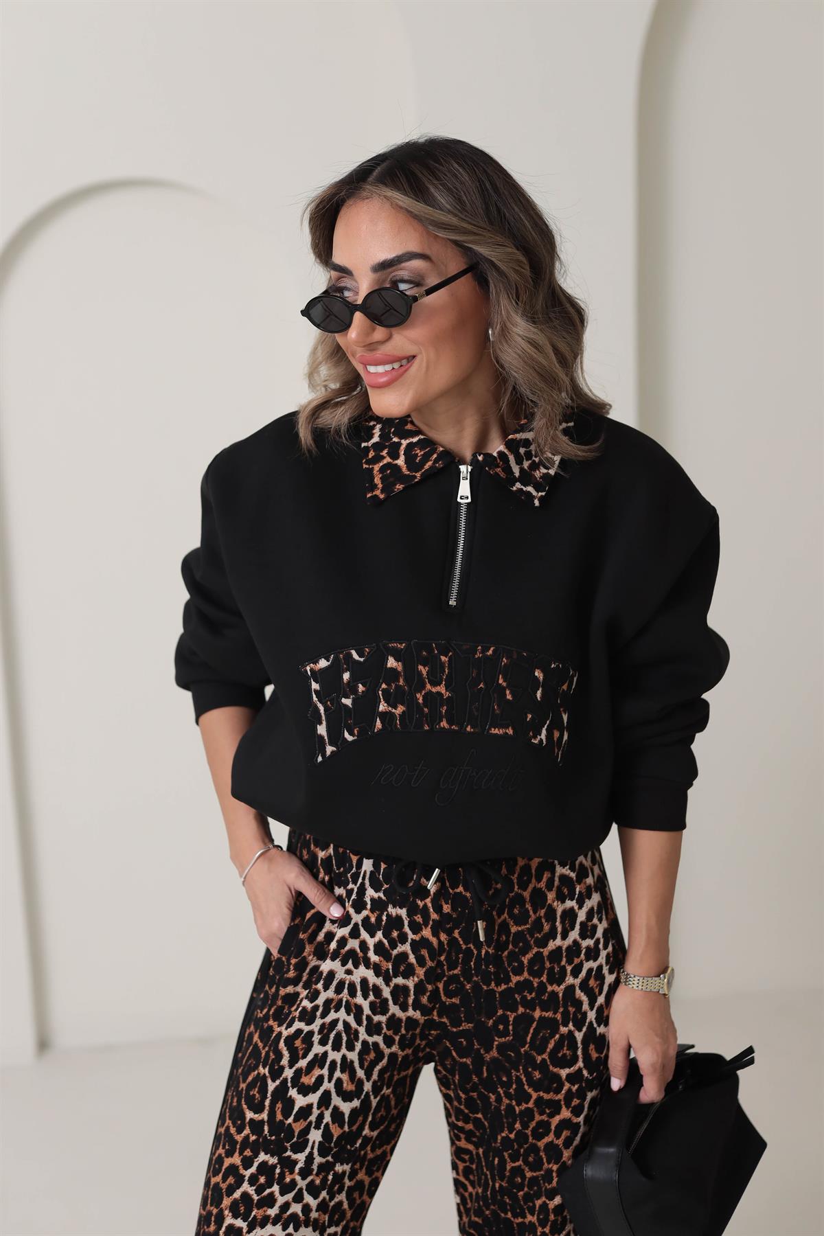 Leopar Yakalı Nakışlı Şardonlu Sweatshirt SİYAH
