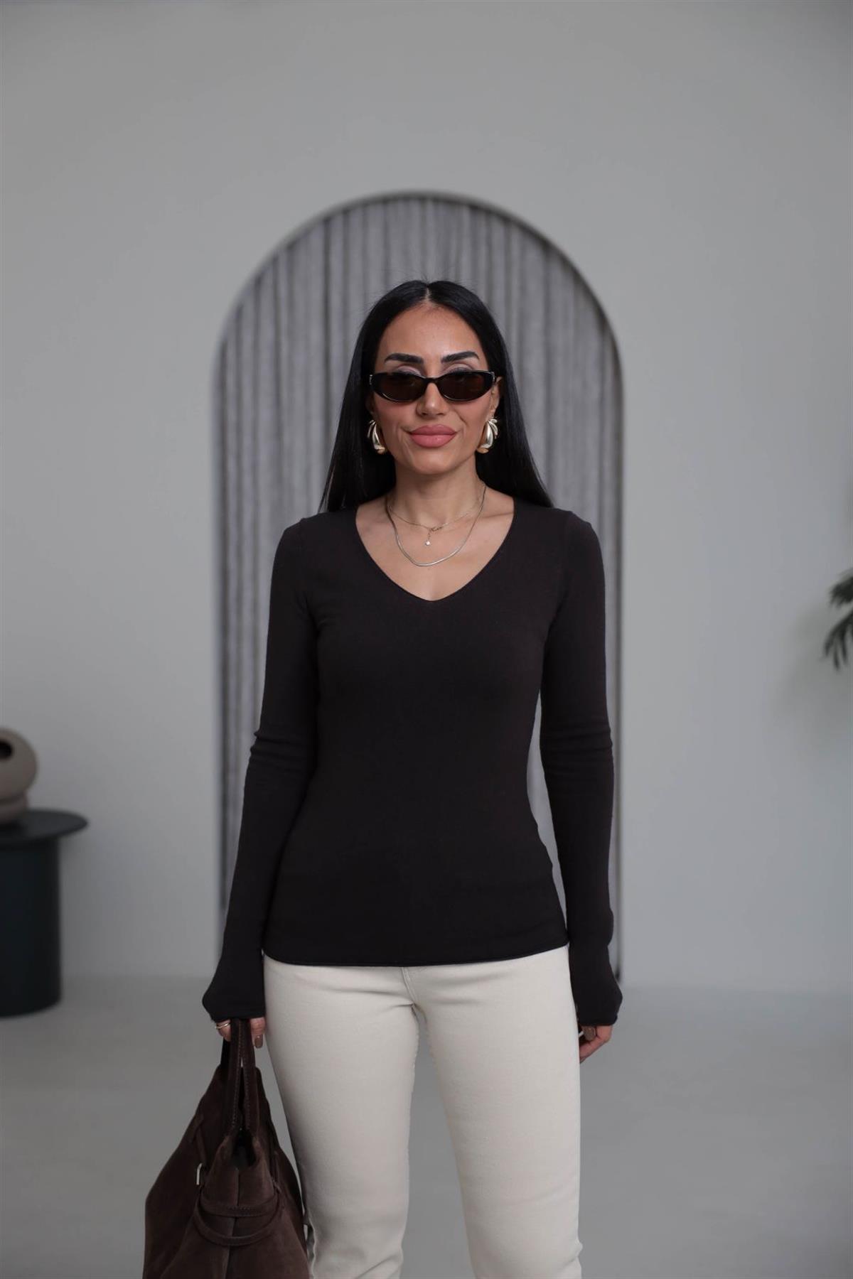 0842 V Yaka Kaşmirli Triko Bluz ACI KAHVE