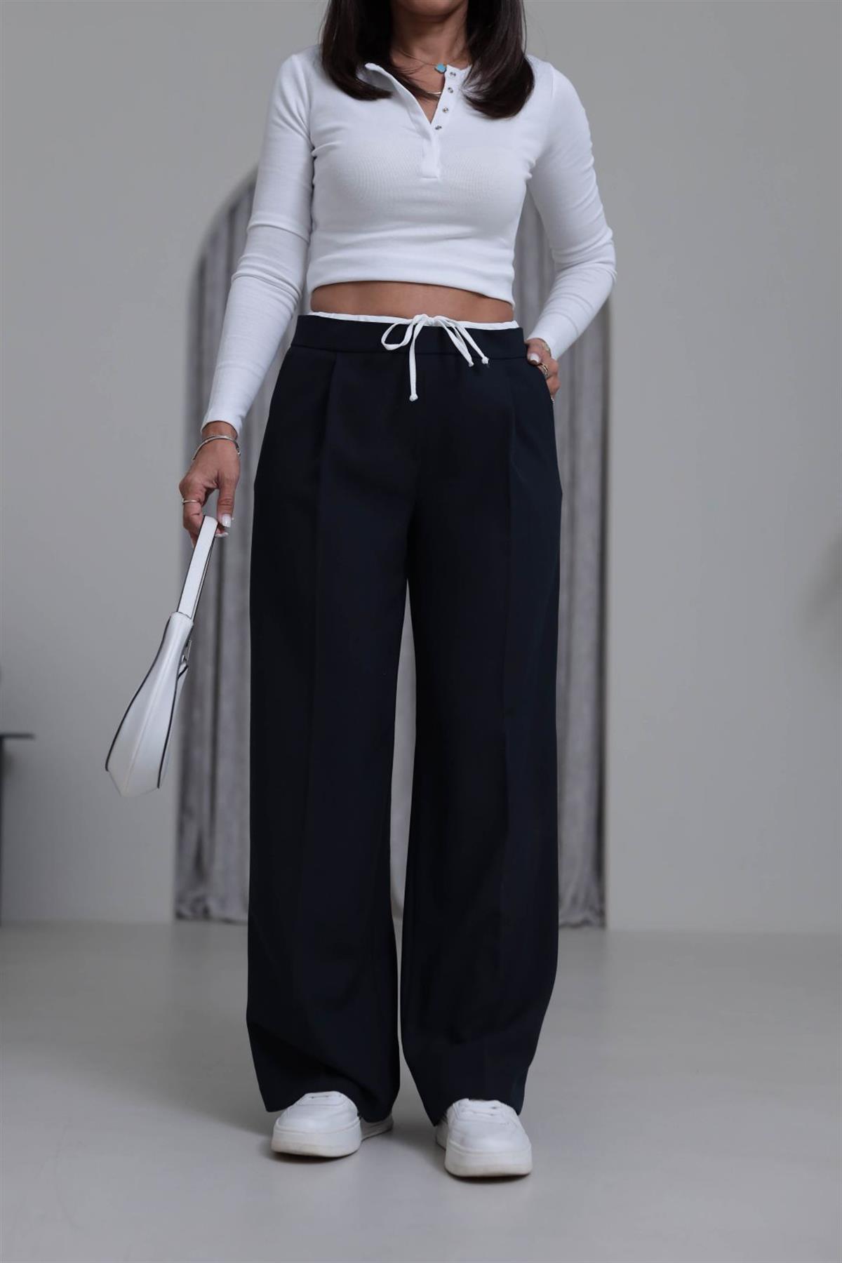 5179 Bel Detaylı Bağcıklı Kumaş Pantolon LACİVERT