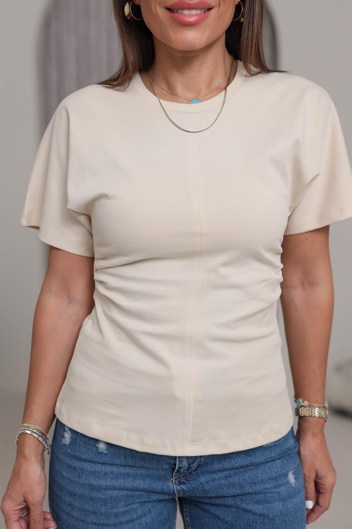 1585 Drape Detay Pamuklu Tshirt TAŞ