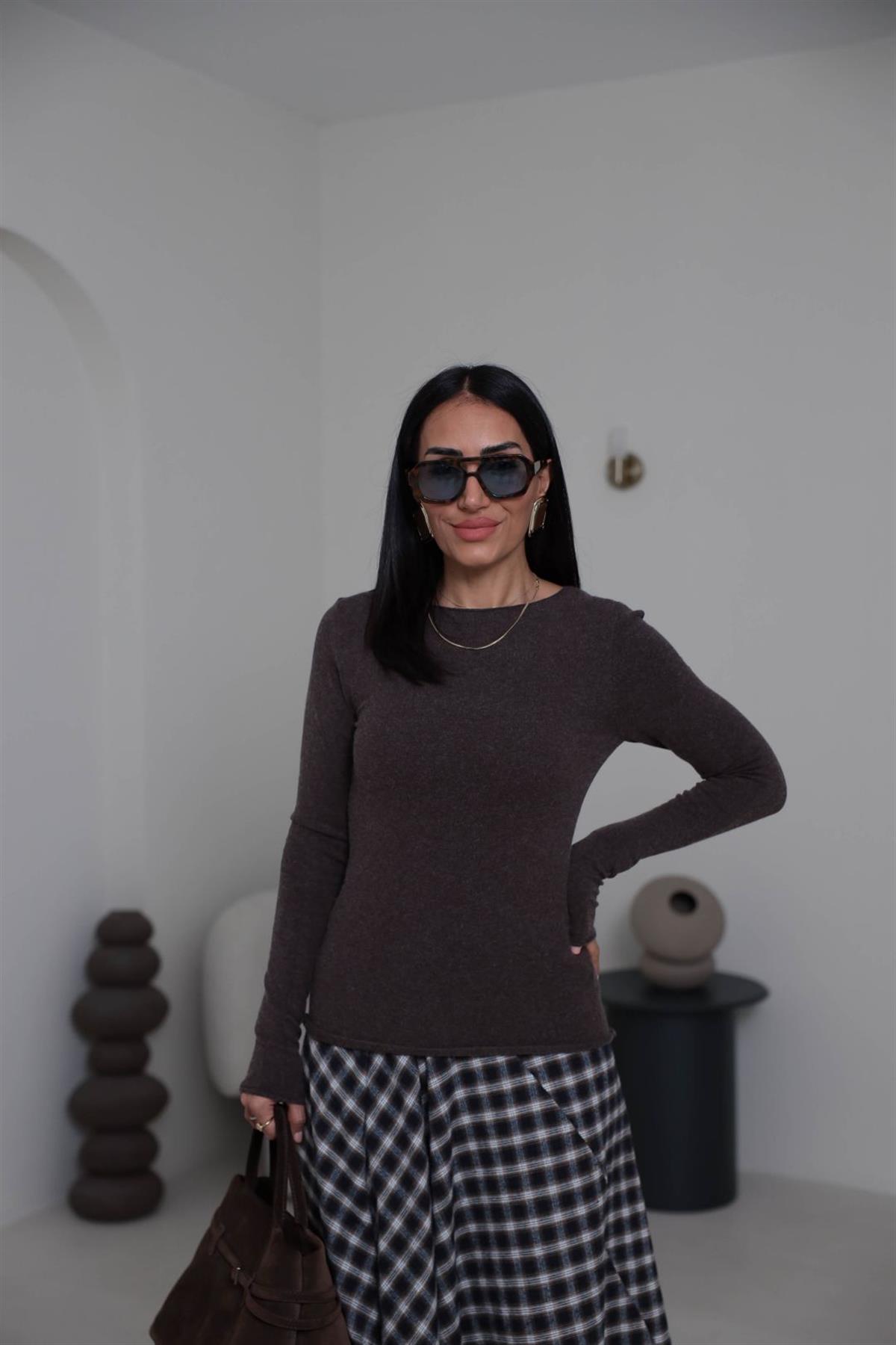 10840 Kayık Yaka Kaşmirli Triko Kazak KAHVE