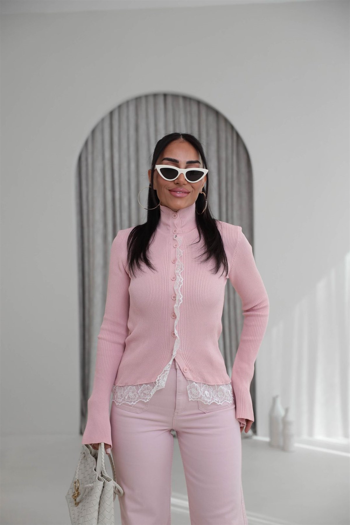 Yarım Balıkçı İspanyol Kol Güpürlü Hırka PEMBE