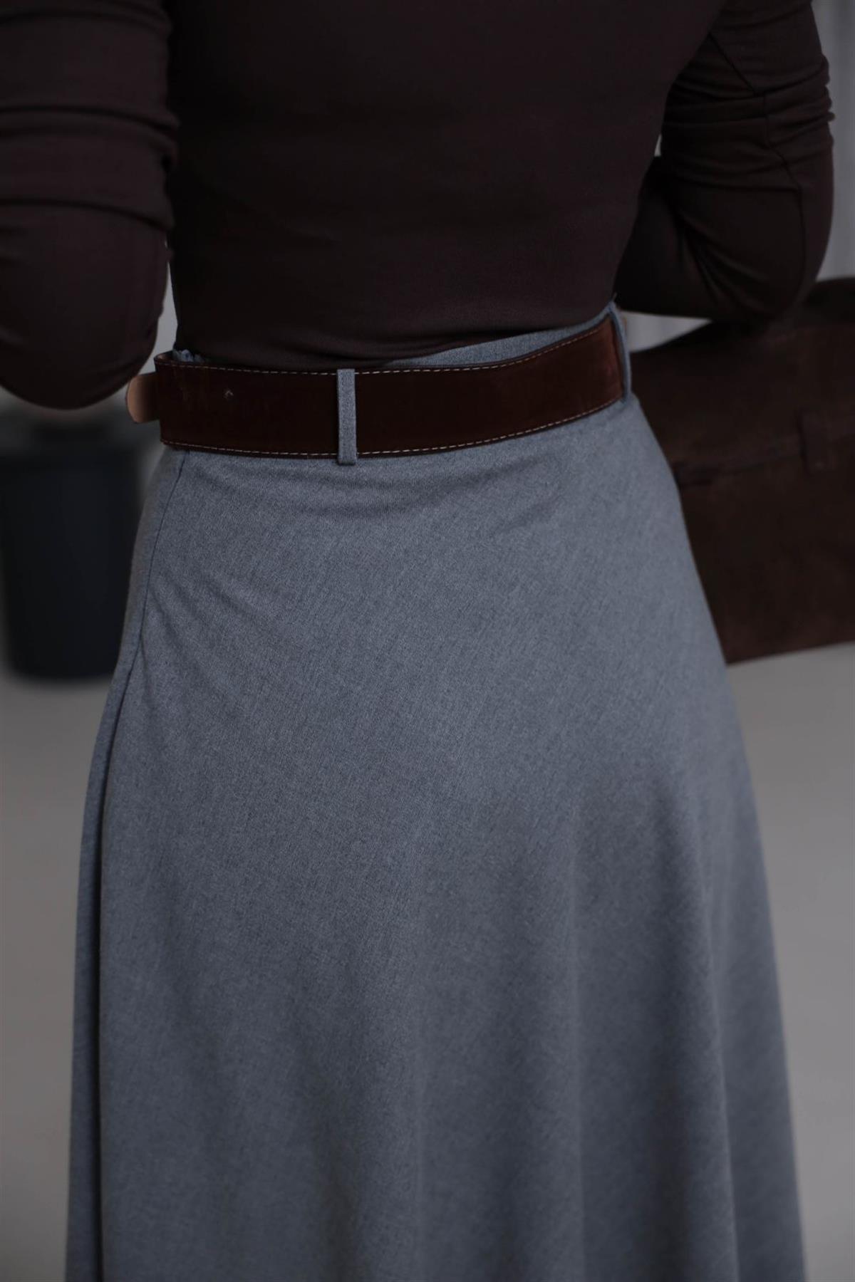 0647 Süet Kemerli Kloş Etek GRİ