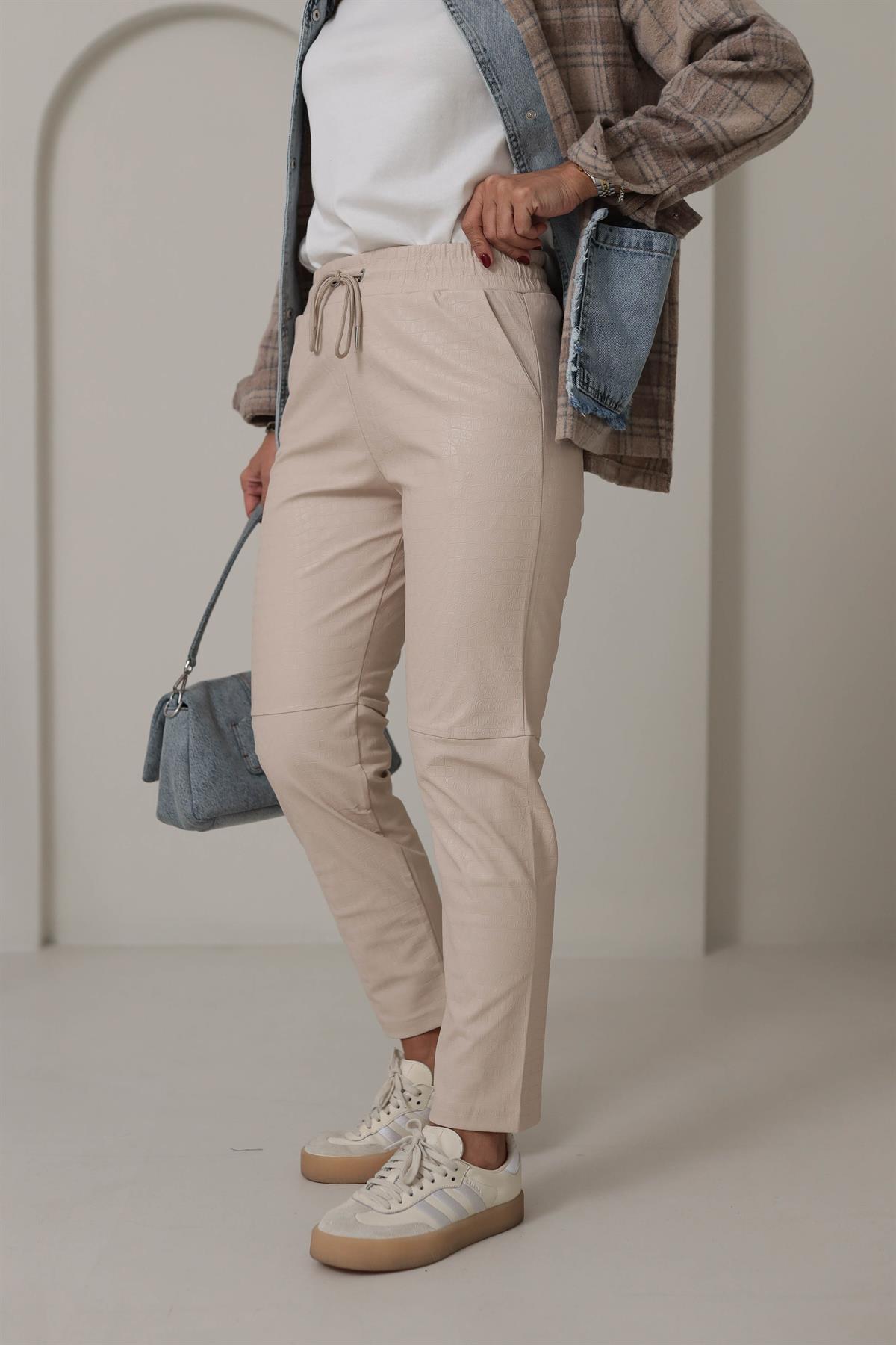 3410 Krokodil Parçalı Deri Pantolon