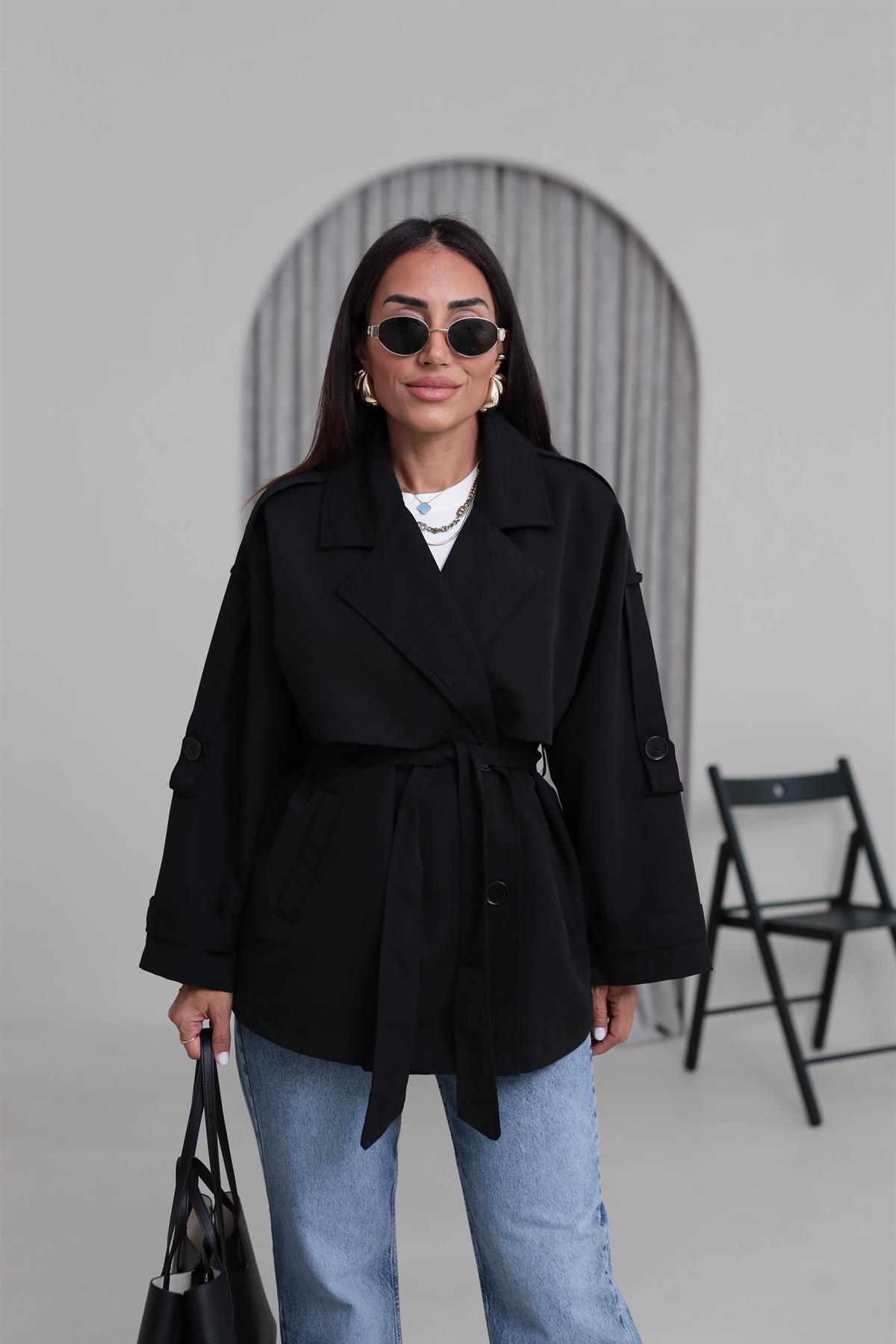 2019 Apoletli Kuşaklı Kısa Trençkot SİYAH