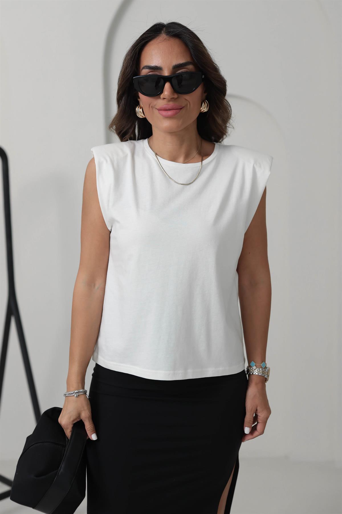 8802 Omuzları Vatkalı Pamuklu Tshirt EKRU