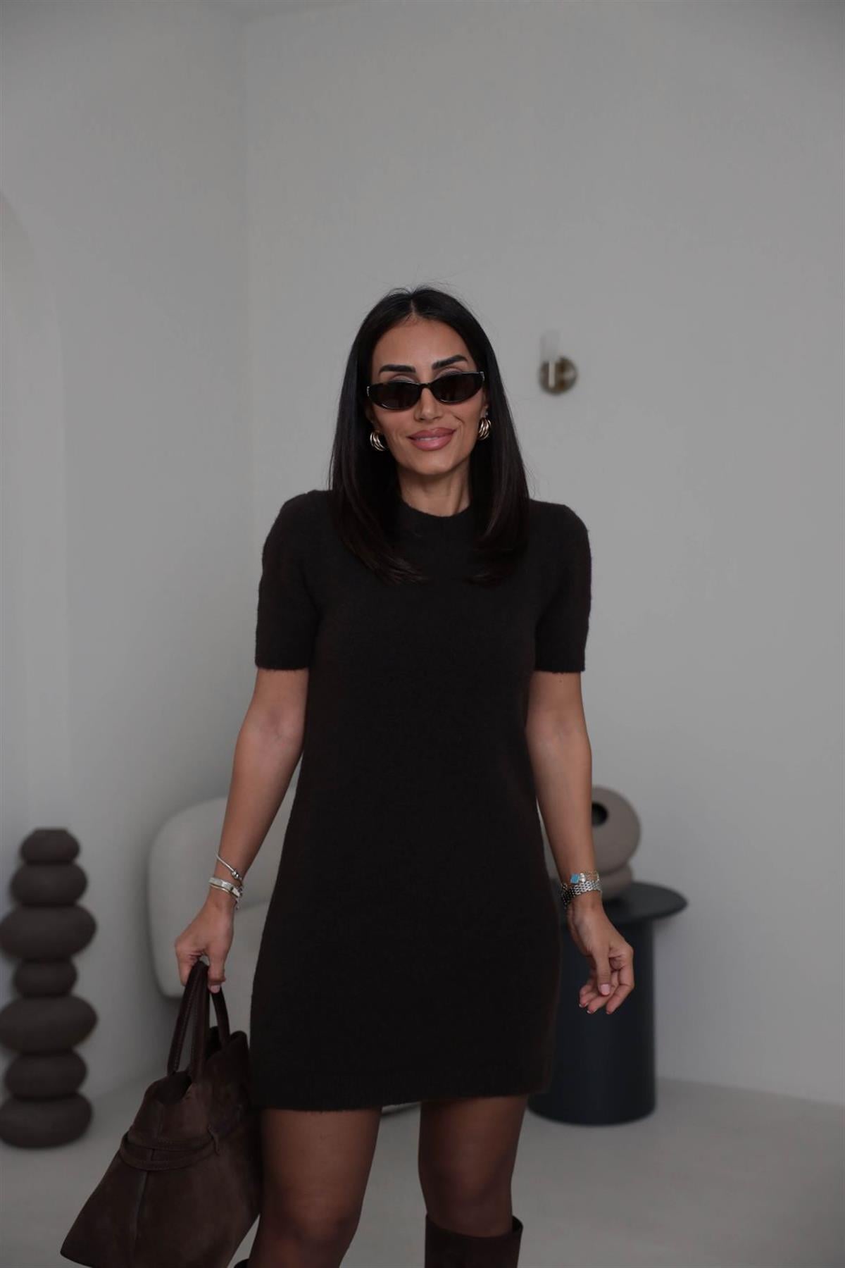 0257 Bisiklet Yaka Yumuşak Dokulu Elbise ACI KAHVE