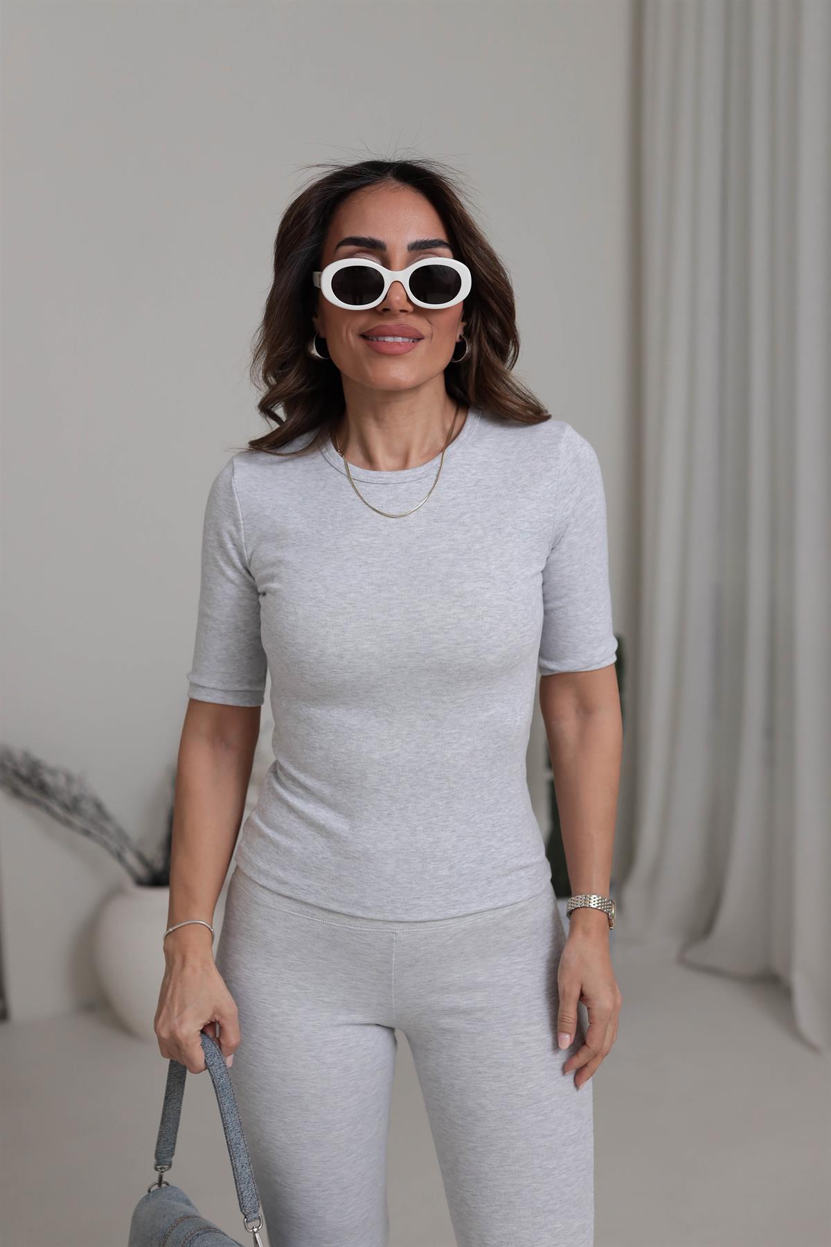 4168 Yarım Kol Pamuklu Tshirt GRİ MELANJ