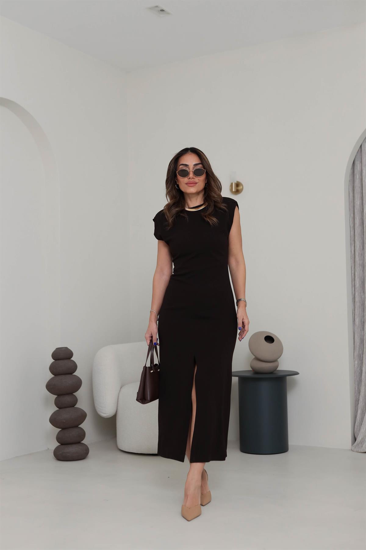 2043 Omuzları Vatkalı Ön Yırtmaç Detaylı Elbise ACI KAHVE