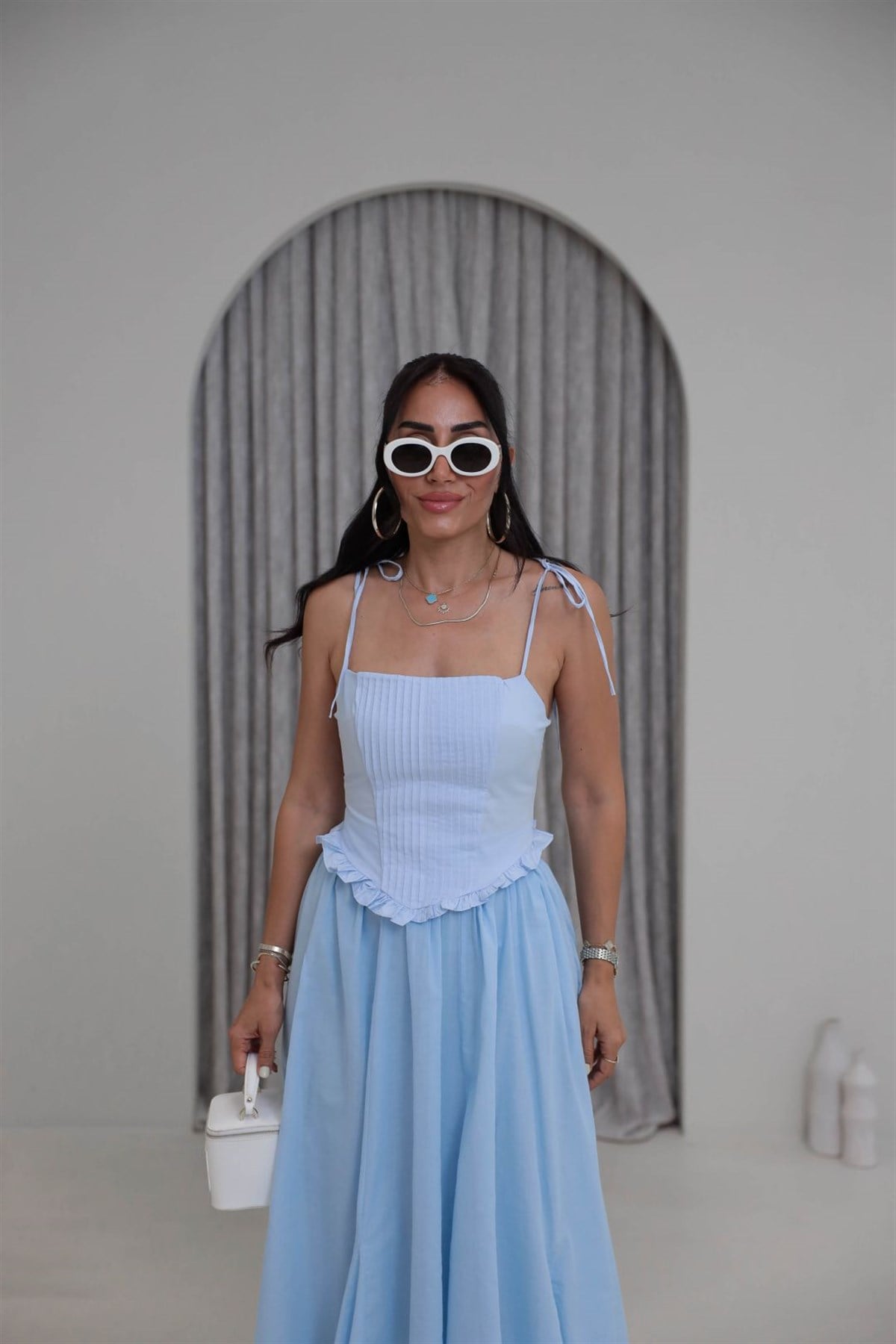 4192 Nervürlü Bağcık Askılı Korse Bluz BEBE MAVİ
