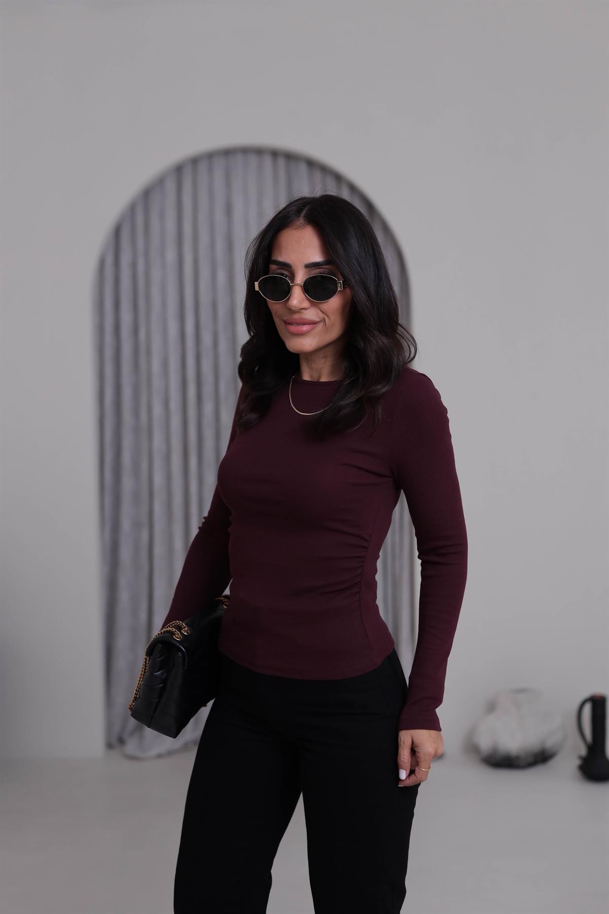 1401 Kayık Yaka Büzgülü Uzun Kollu Bluz BORDO