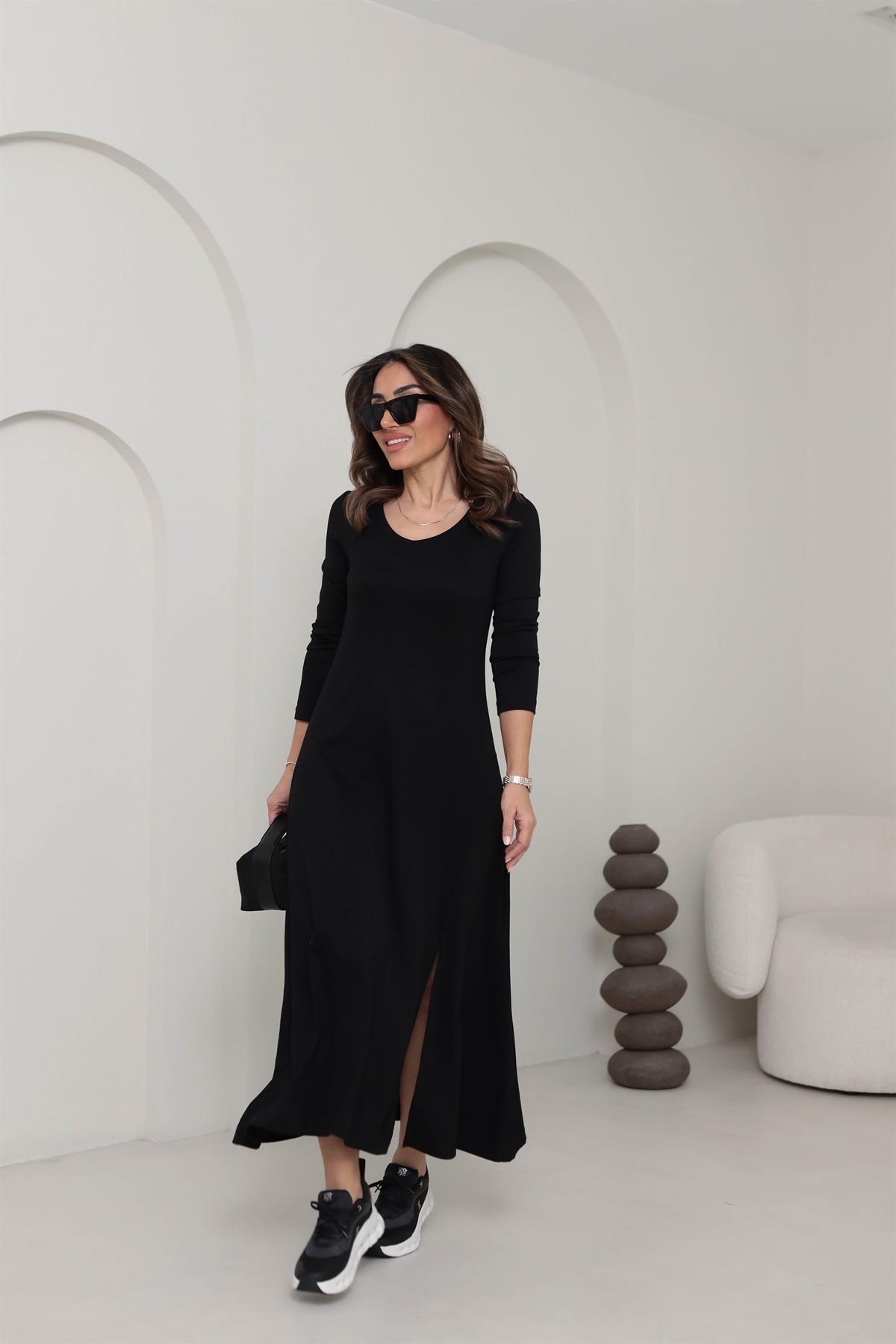 1327 U Yaka Uzun Kol Modal Penye Elbise SİYAH