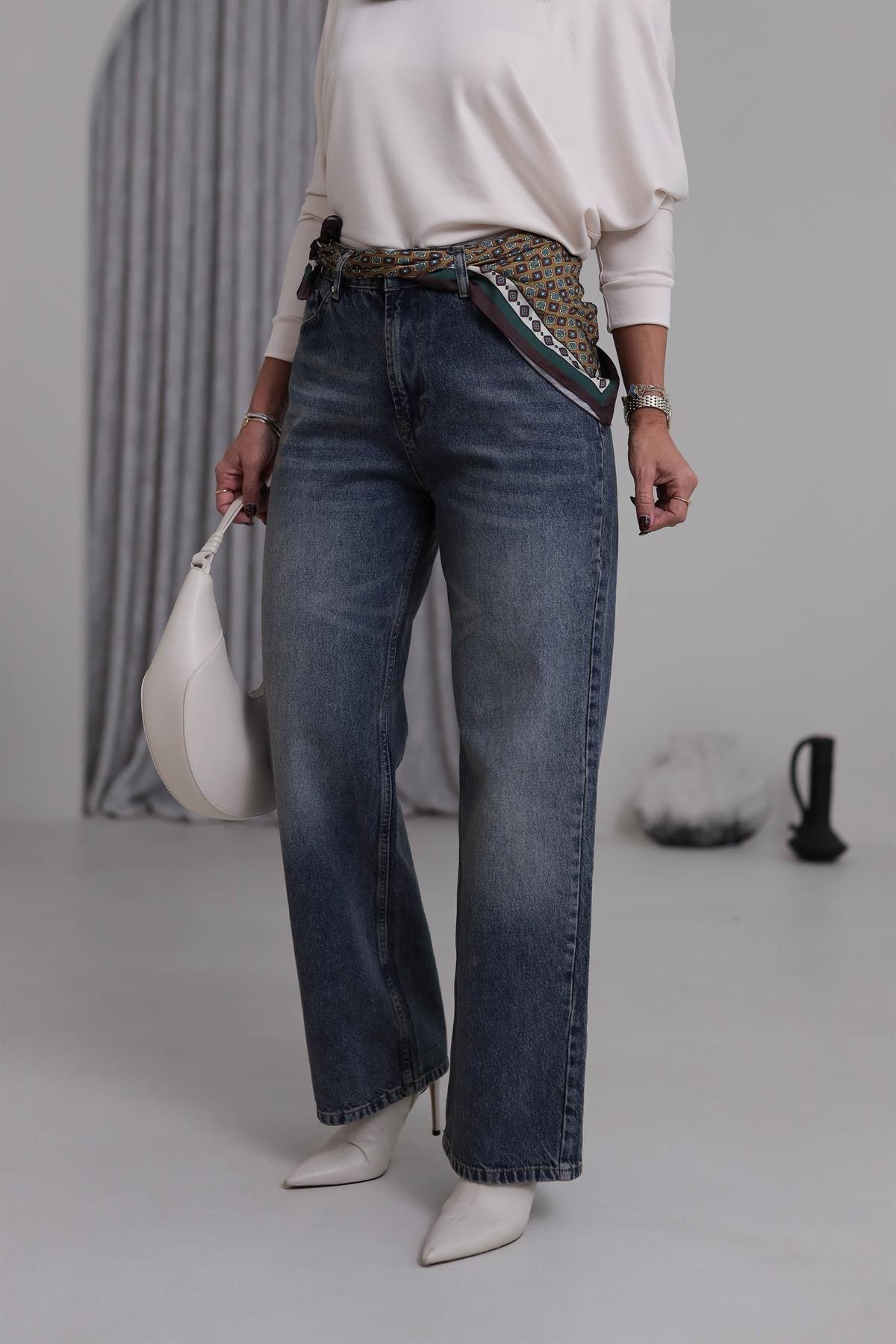 7681 Fular Detaylı Jean Pantolon TİNTLİ MAVİ