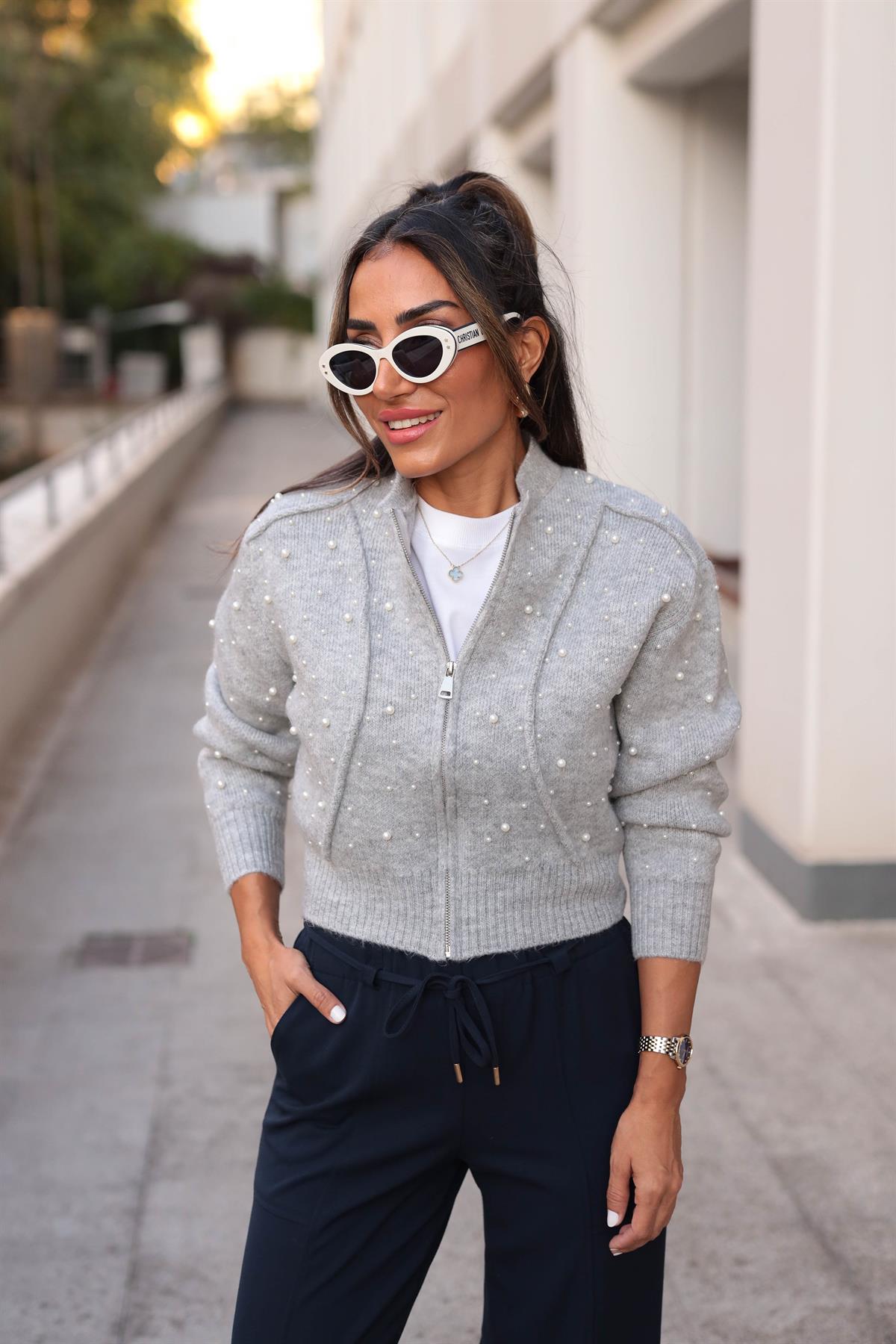 2238 İnci Detay Triko Bomber Ceket