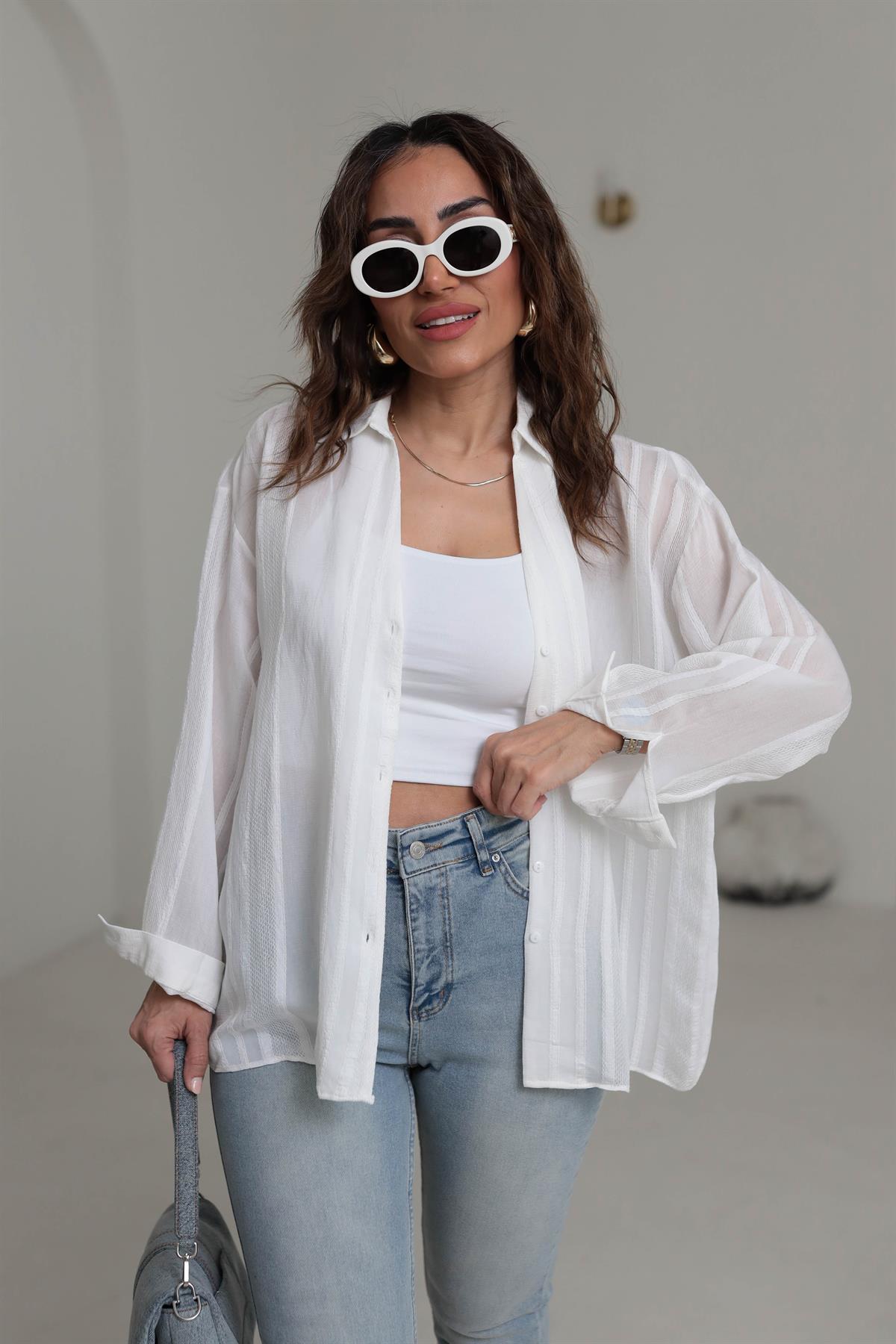 4914 Transparan Detaylı Oversize Gömlek BEYAZ