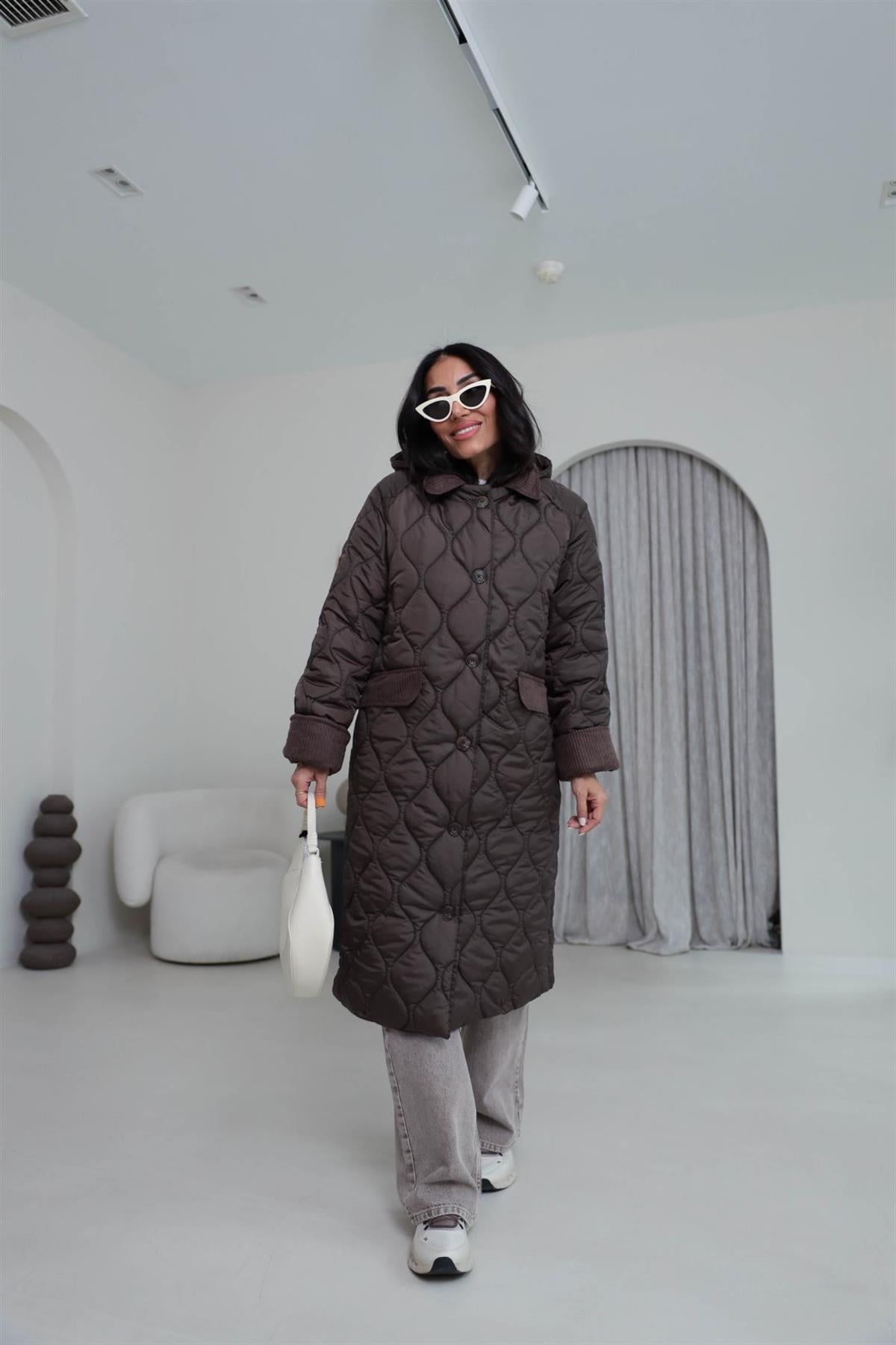 Kadife Detay Kapşonlu Kapitone Kaban KAHVE