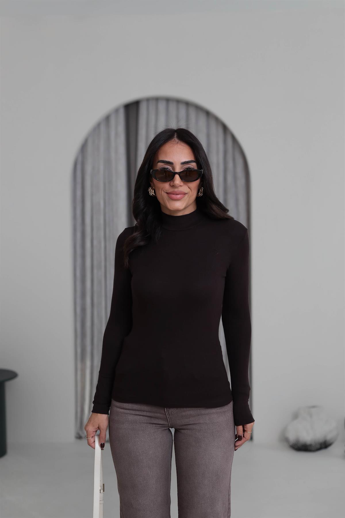 4144 Balıkçı Yaka Uzun Kol Bluz KAHVE