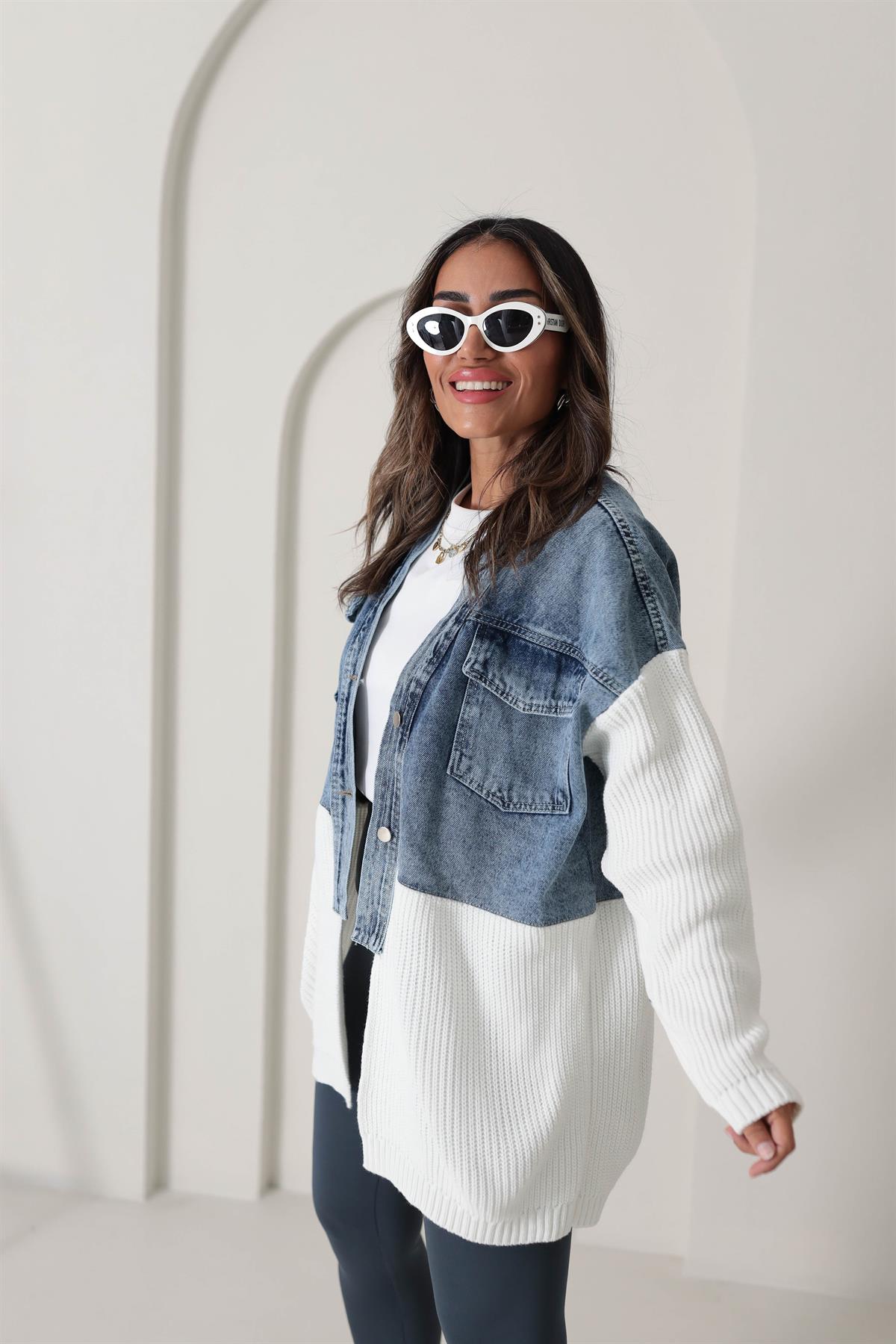 4139 Tasarım Triko ve Kot Garnili Ceket Hırka EKRU