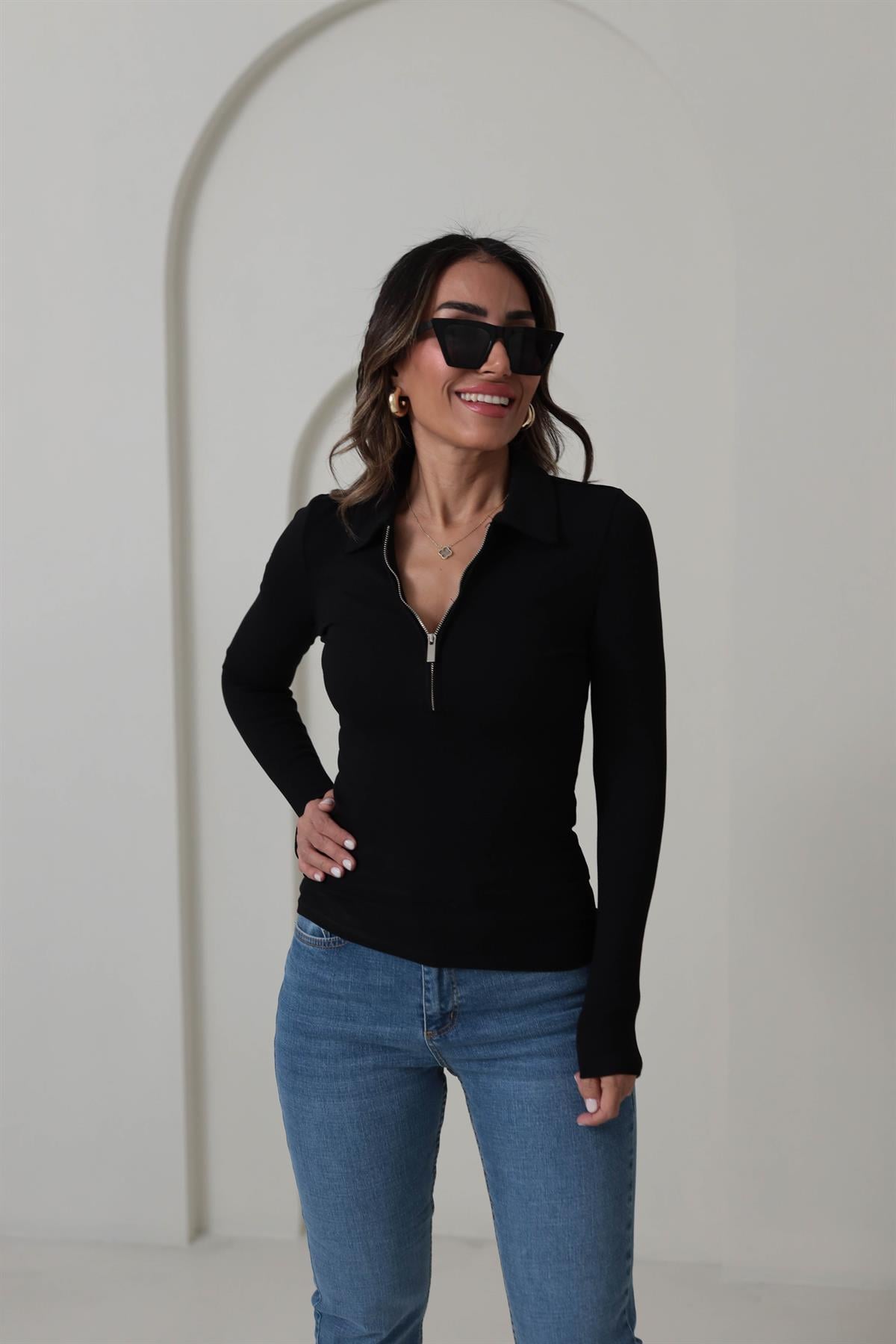 6365 Fermuarlı Uzun Kol Bluz