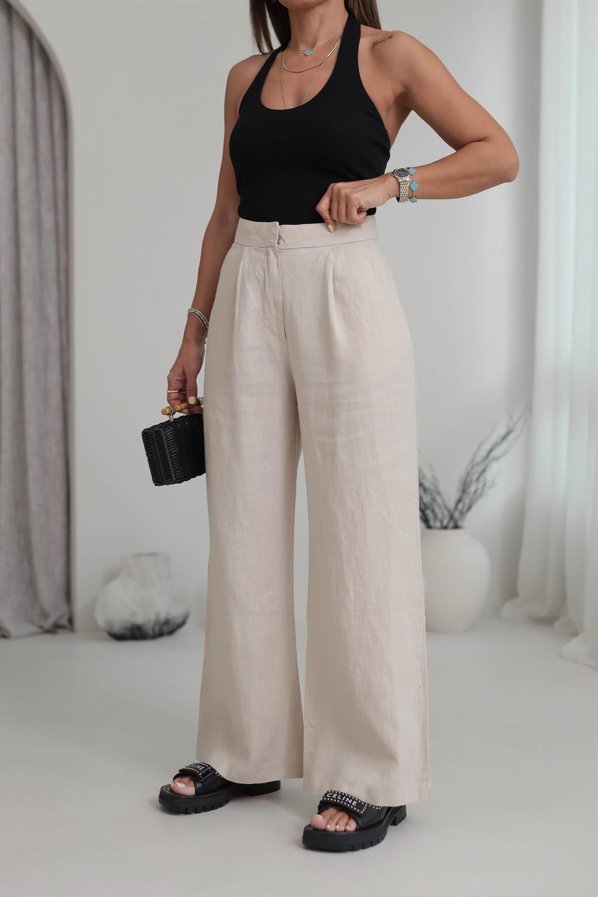 1448 Yüksek Bel Bol Paça Ham Keten Palazzo Pantolon TAŞ