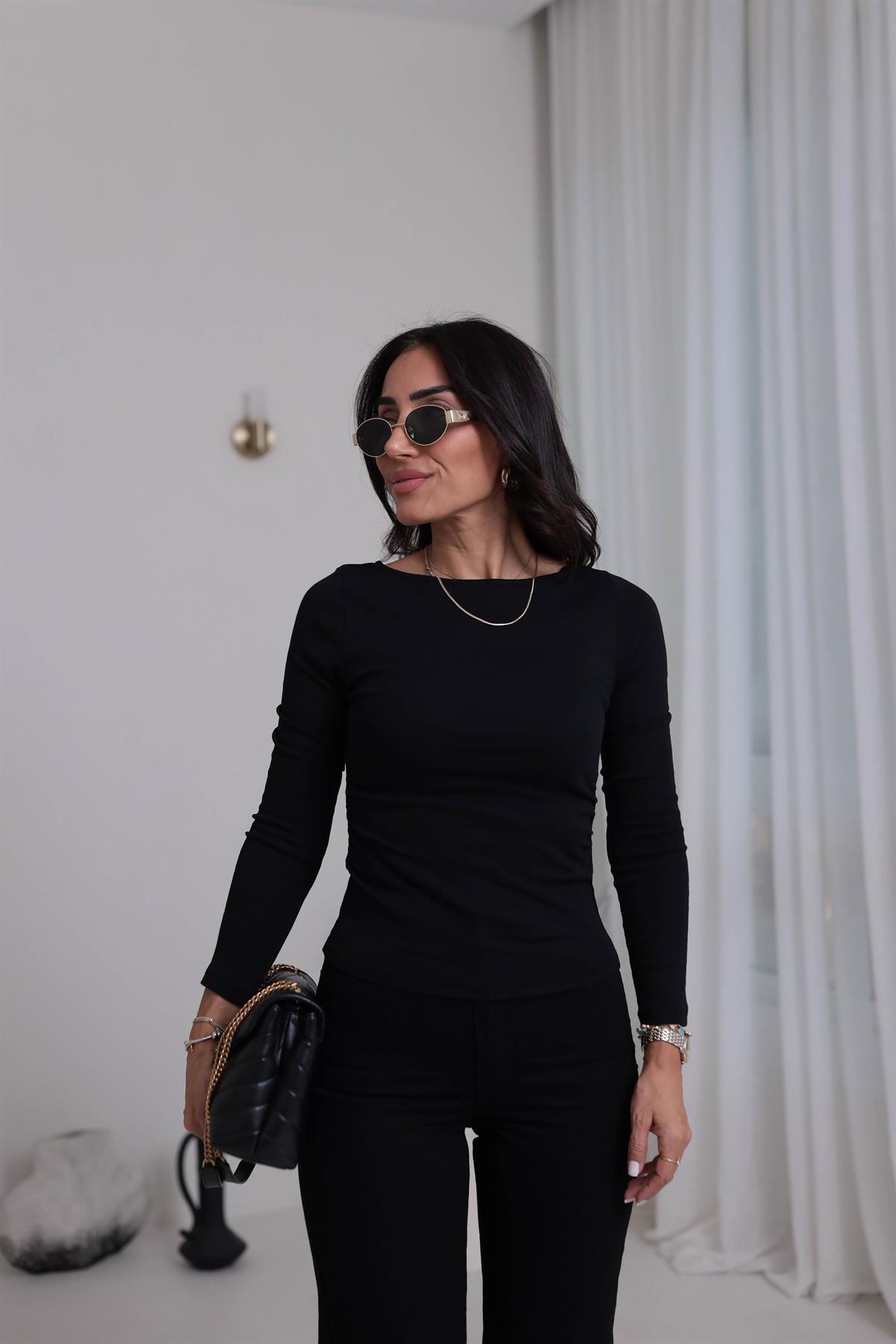 1401 Kayık Yaka Büzgülü Uzun Kollu Bluz SİYAH