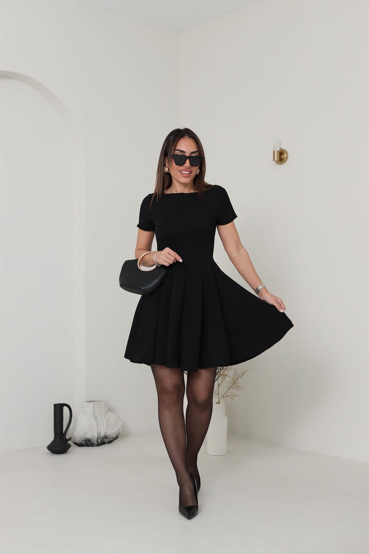 3680 Likralı Kısa Kol Kloş Elbise SİYAH