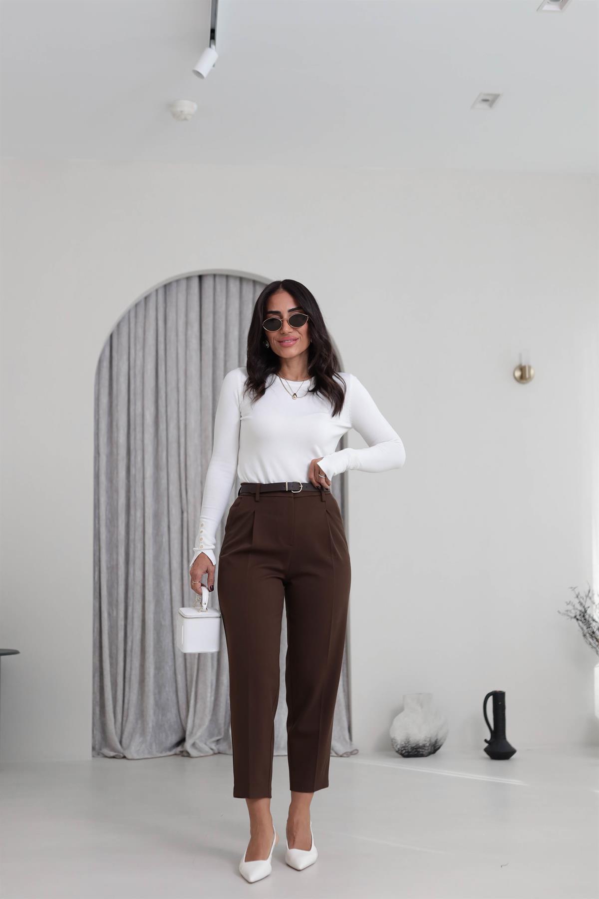 2166 Kemerli Havuç Fit Pantolon KAHVE