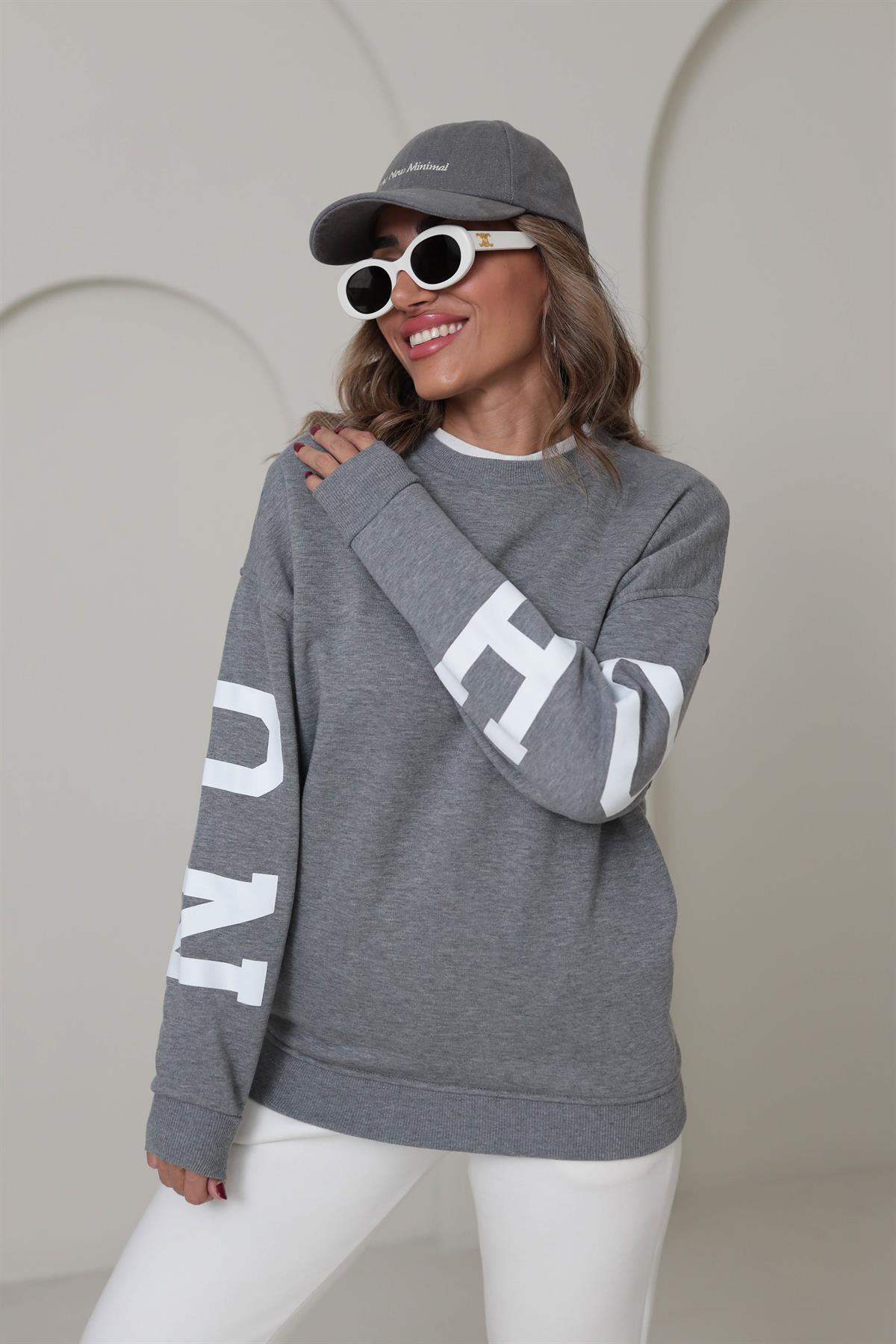Kol ve Sırt Yazı Detaylı Sweatshirt GRİ