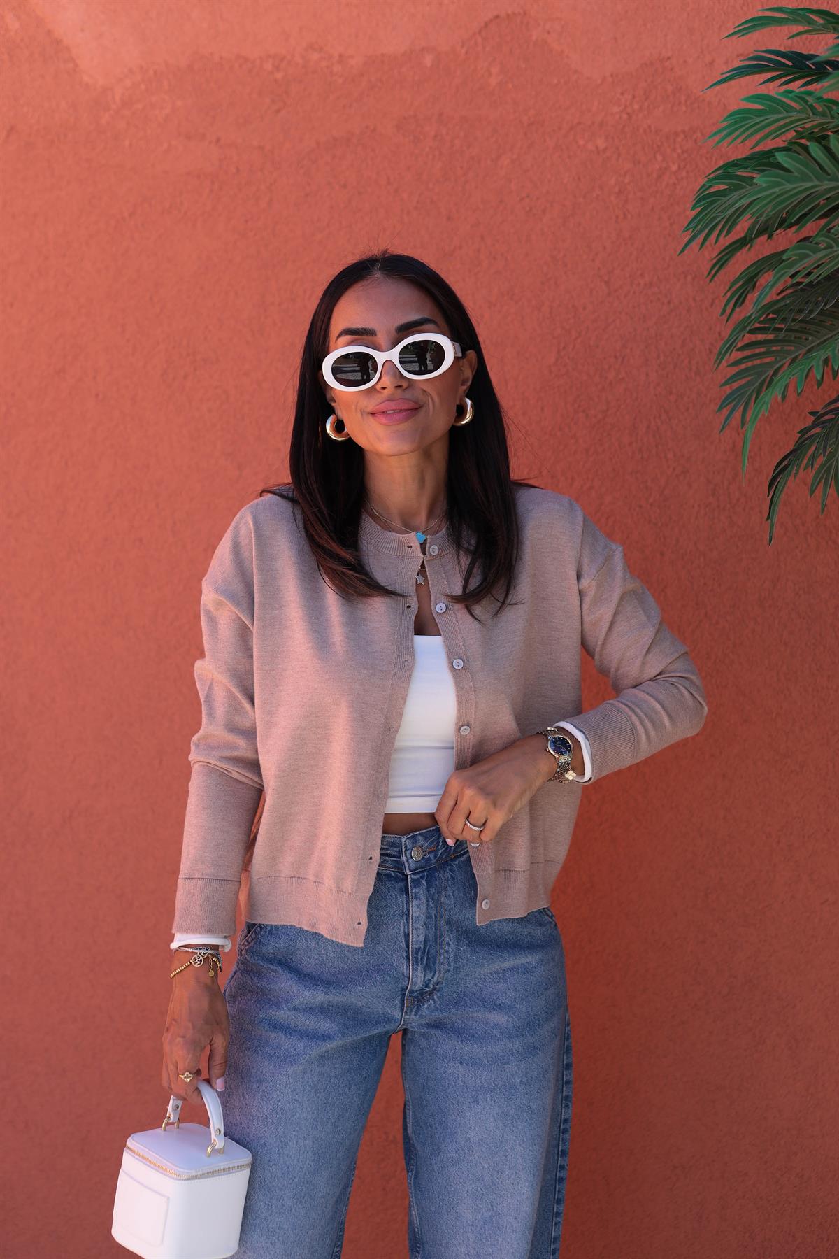 1040 Kolu Biyeli Yumuşak Doku Düğmeli Hırka CAMEL