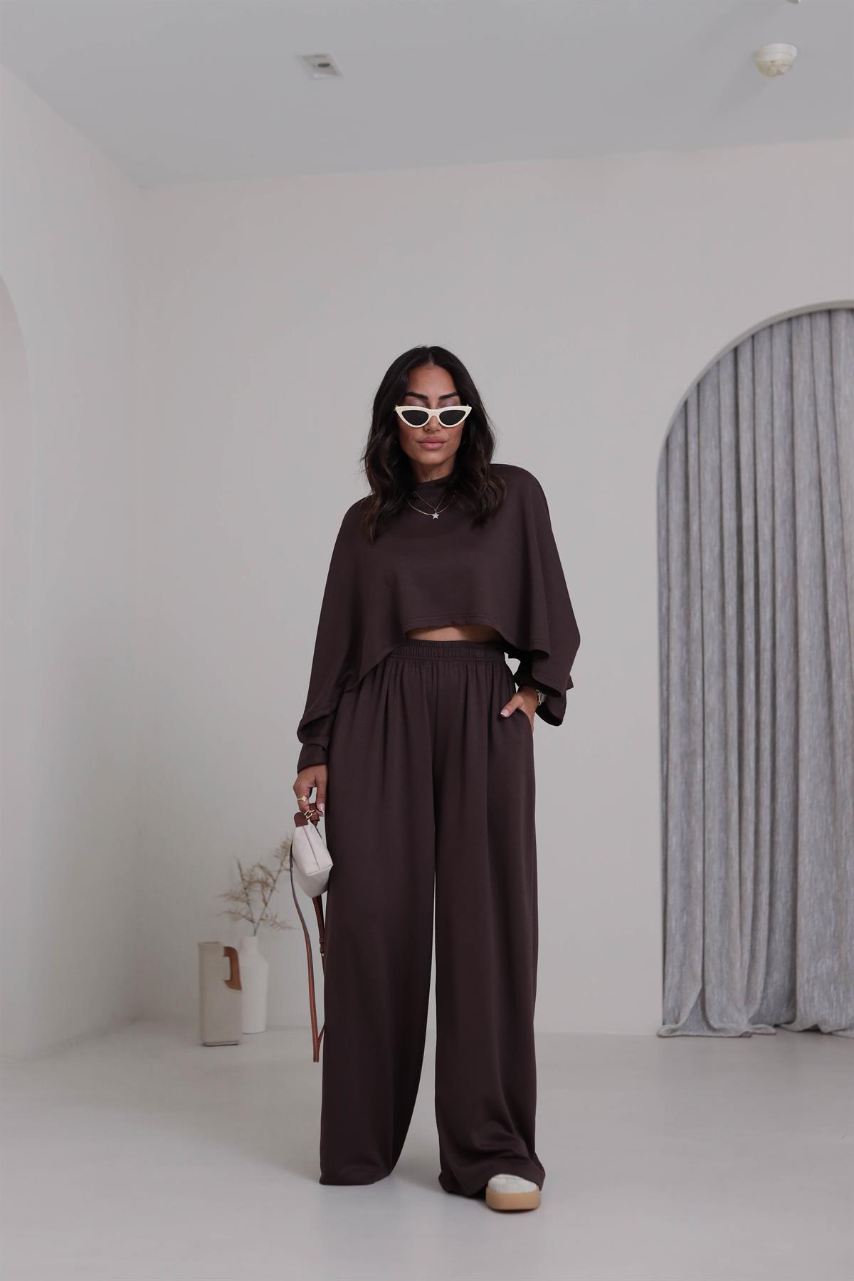 4025 Oys Yarasa Kollu Modal Takım KAHVE