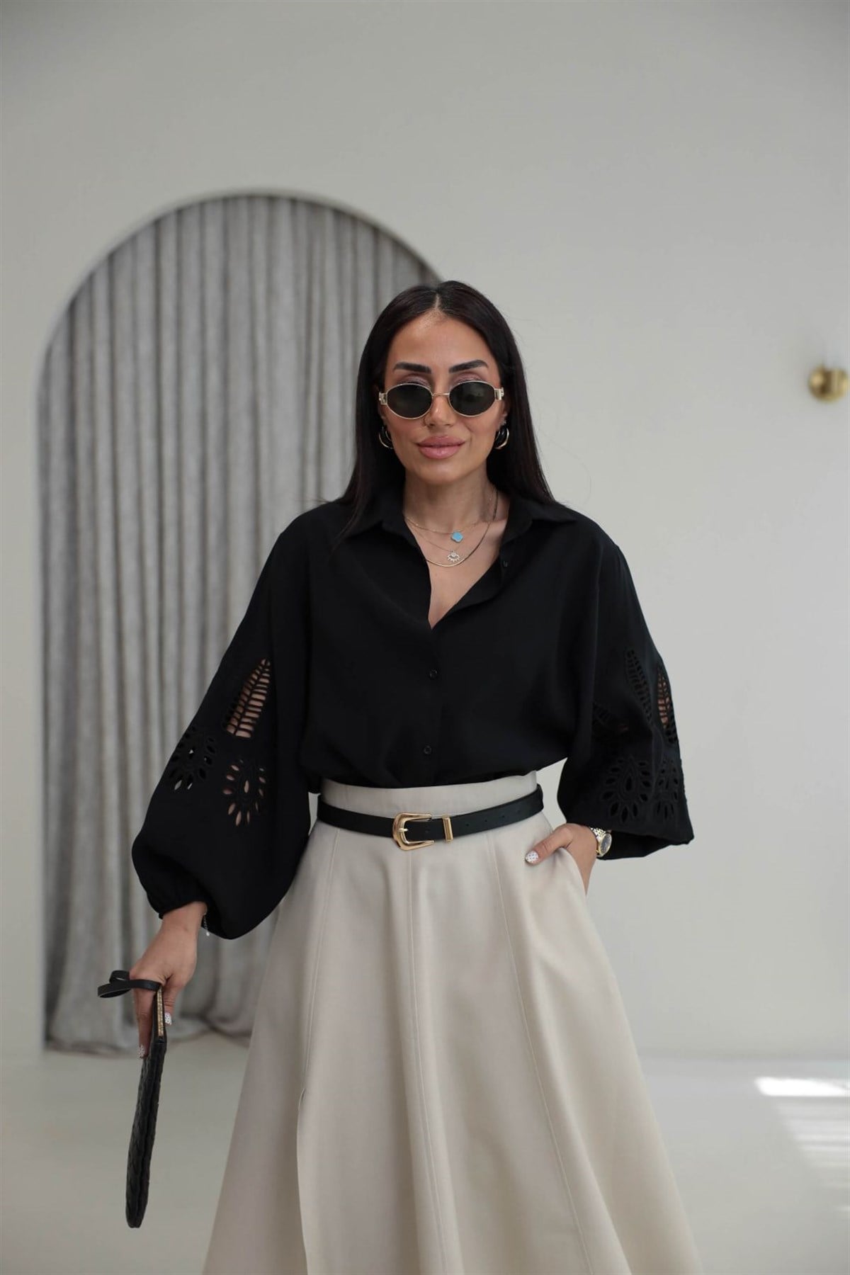 Kolları Fisto Detaylı Gömlek SİYAH