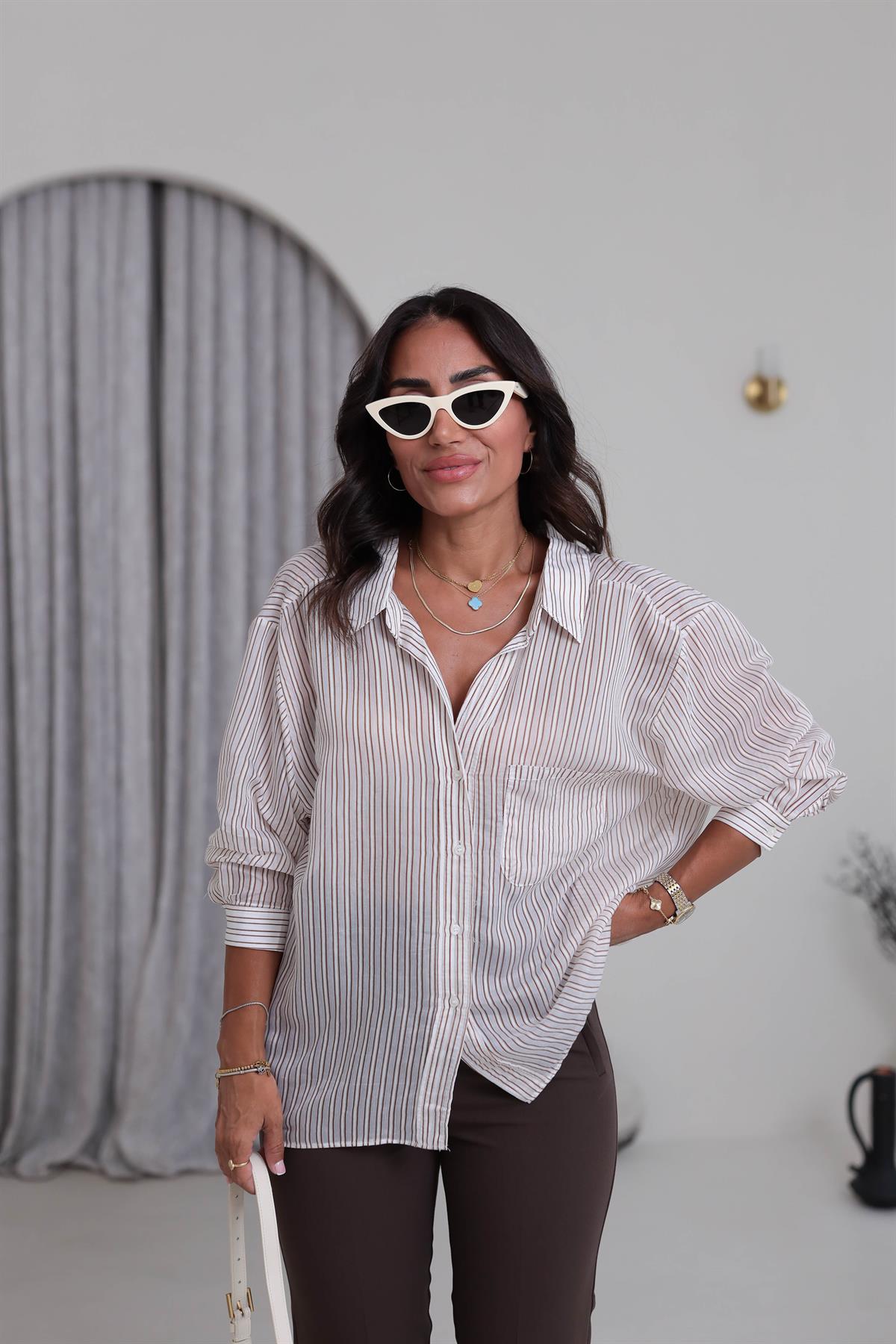 4904 Düşük Omuz Çizgili Oversize Gömlek KAHVE