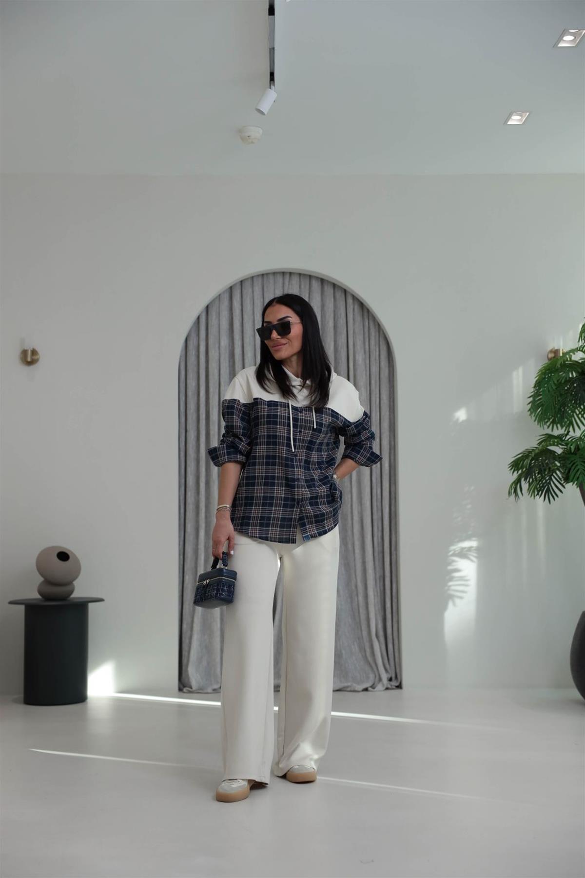 7204 Ekose Gömlek Mixli Modal Takım BEJ