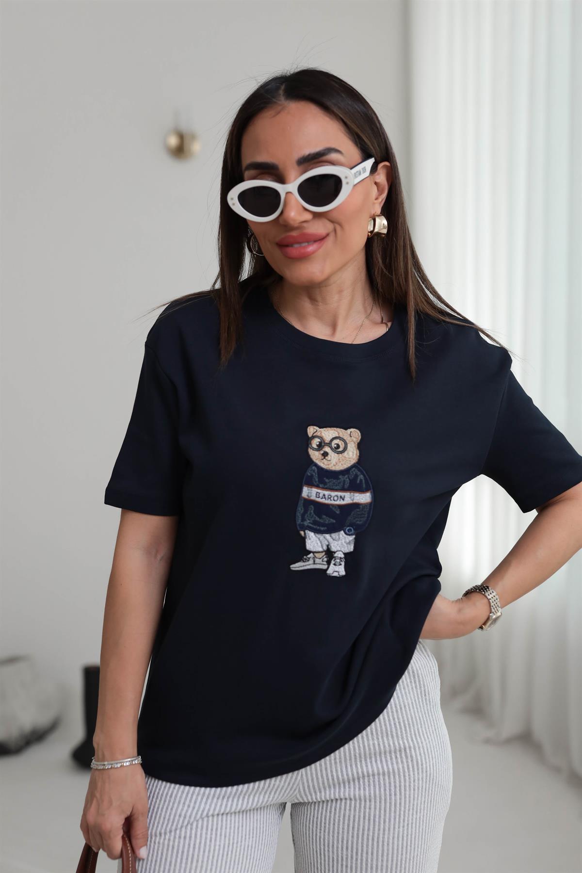 3512 Bisiklet Yaka Ayıcık Nakışlı Tshirt LACİVERT