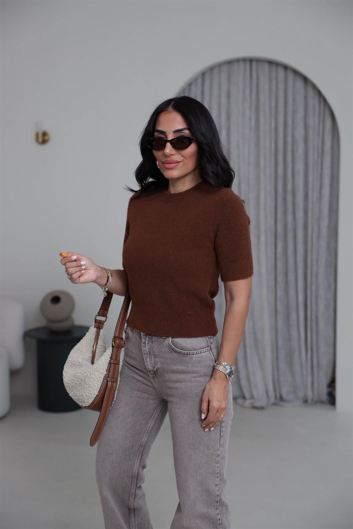 4767 Bisiklet Yaka Kısa Kol Triko Bluz KAHVE