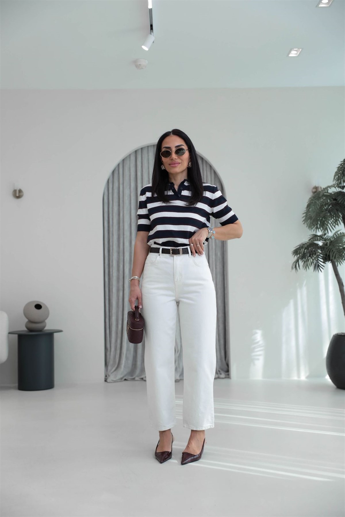 5919 Yüksek Bel Pamuklu Kemerli Mom Jean BEYAZ