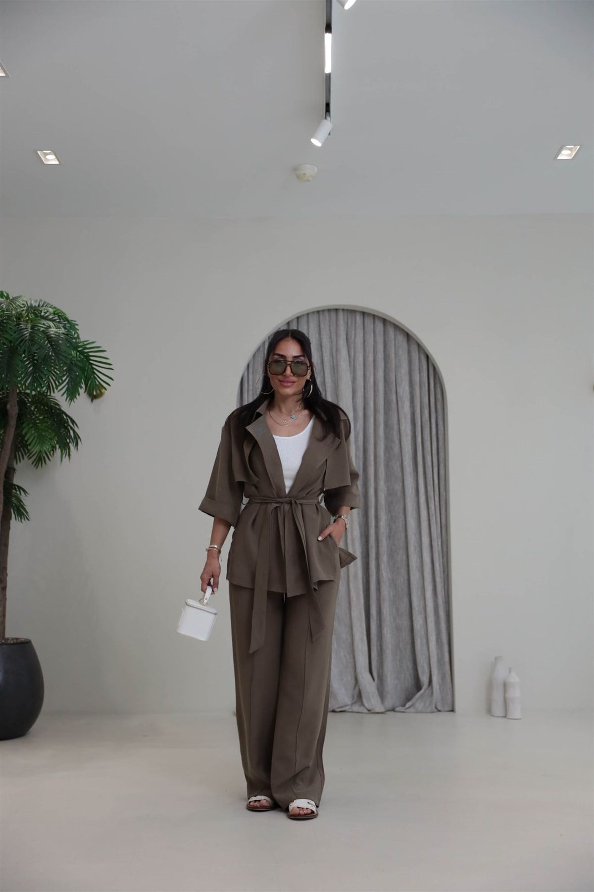 7309 Tencel Kumaş Yarım Kol Gömlek Pantolon Takım HAKİ YEŞİL